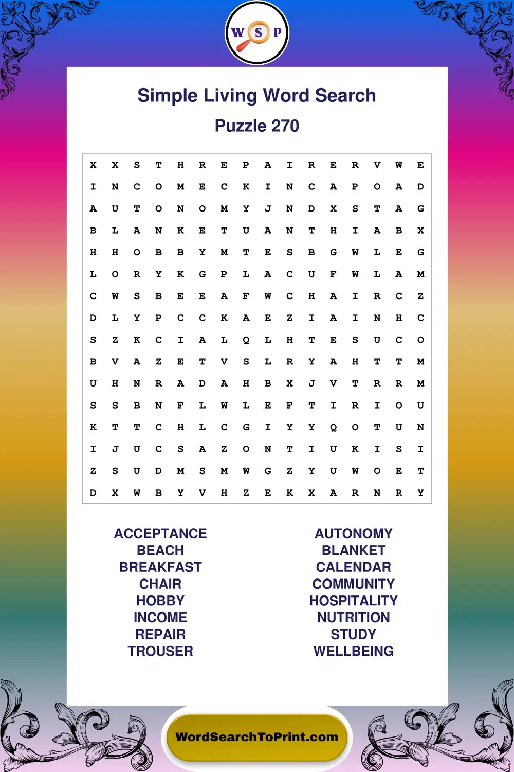 Simple Living Word Search Puzzle 270