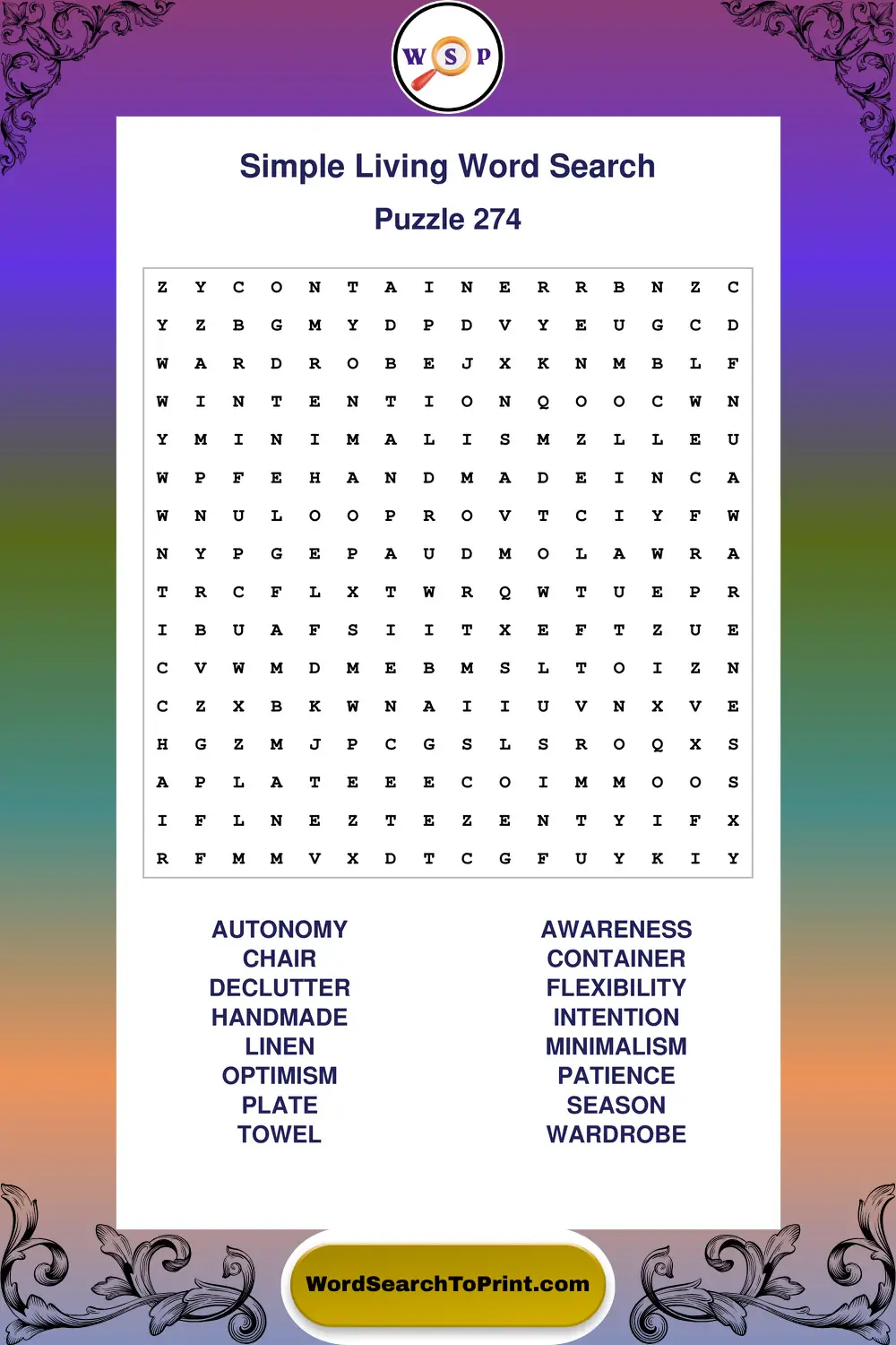 Simple Living Word Search Puzzle 274