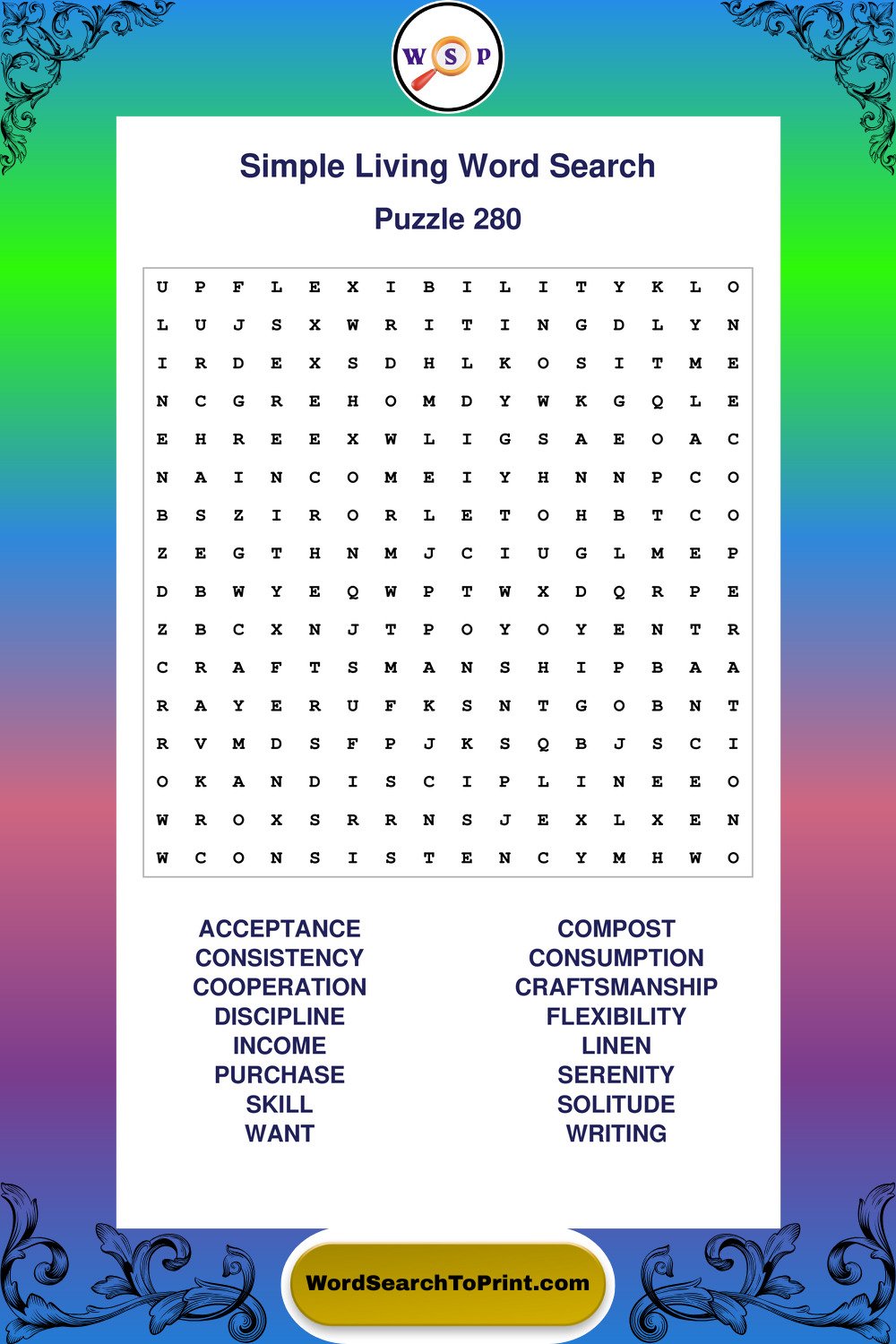 Simple Living Word Search Puzzle 280