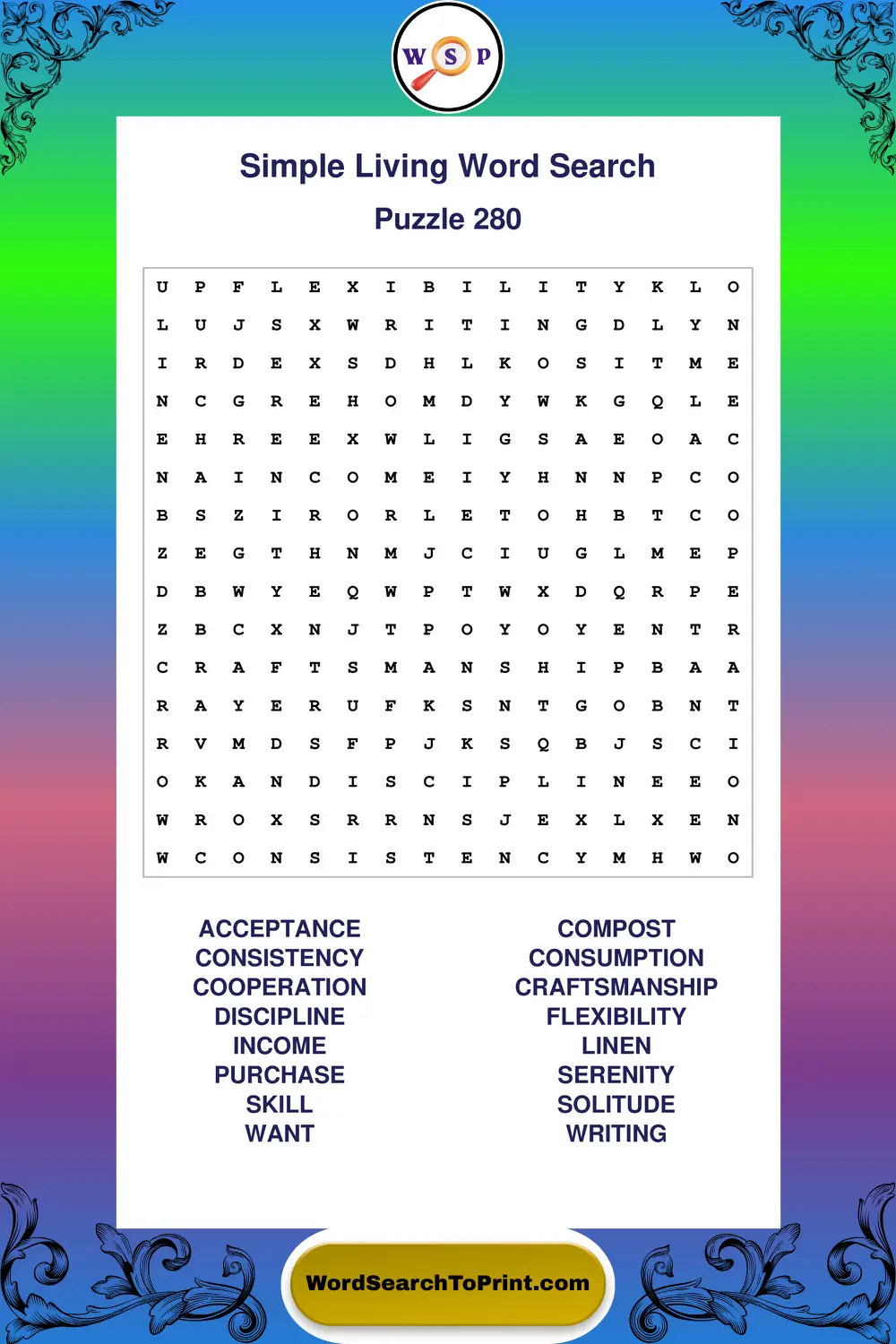 Simple Living Word Search Puzzle 280