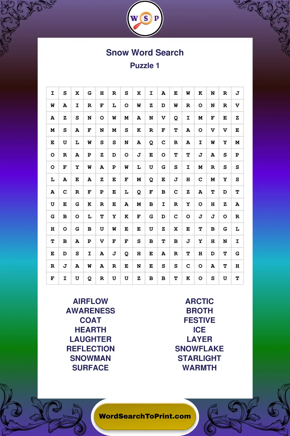 Snow Word Search Puzzle 1