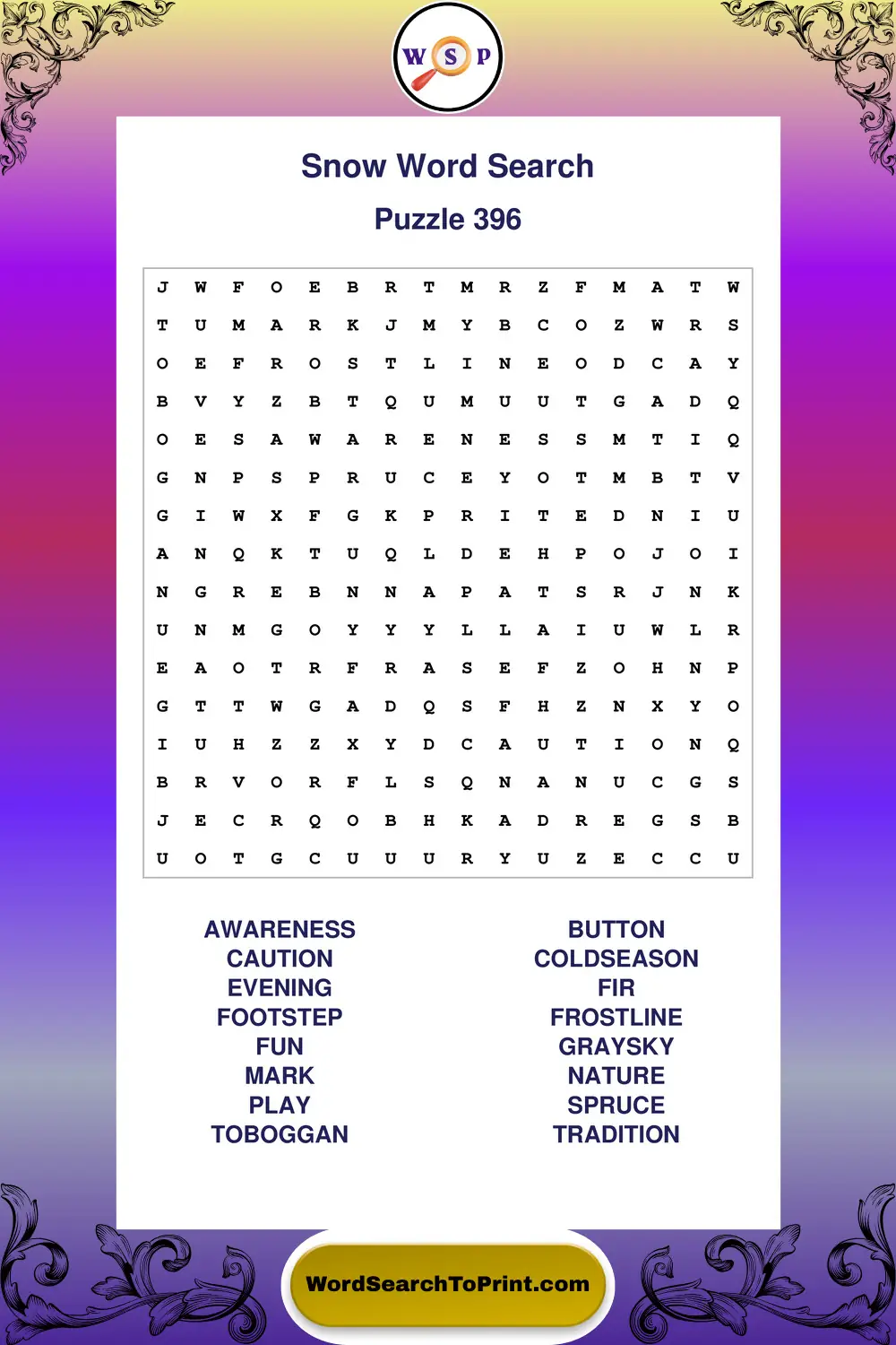 Snow Word Search Puzzle 396