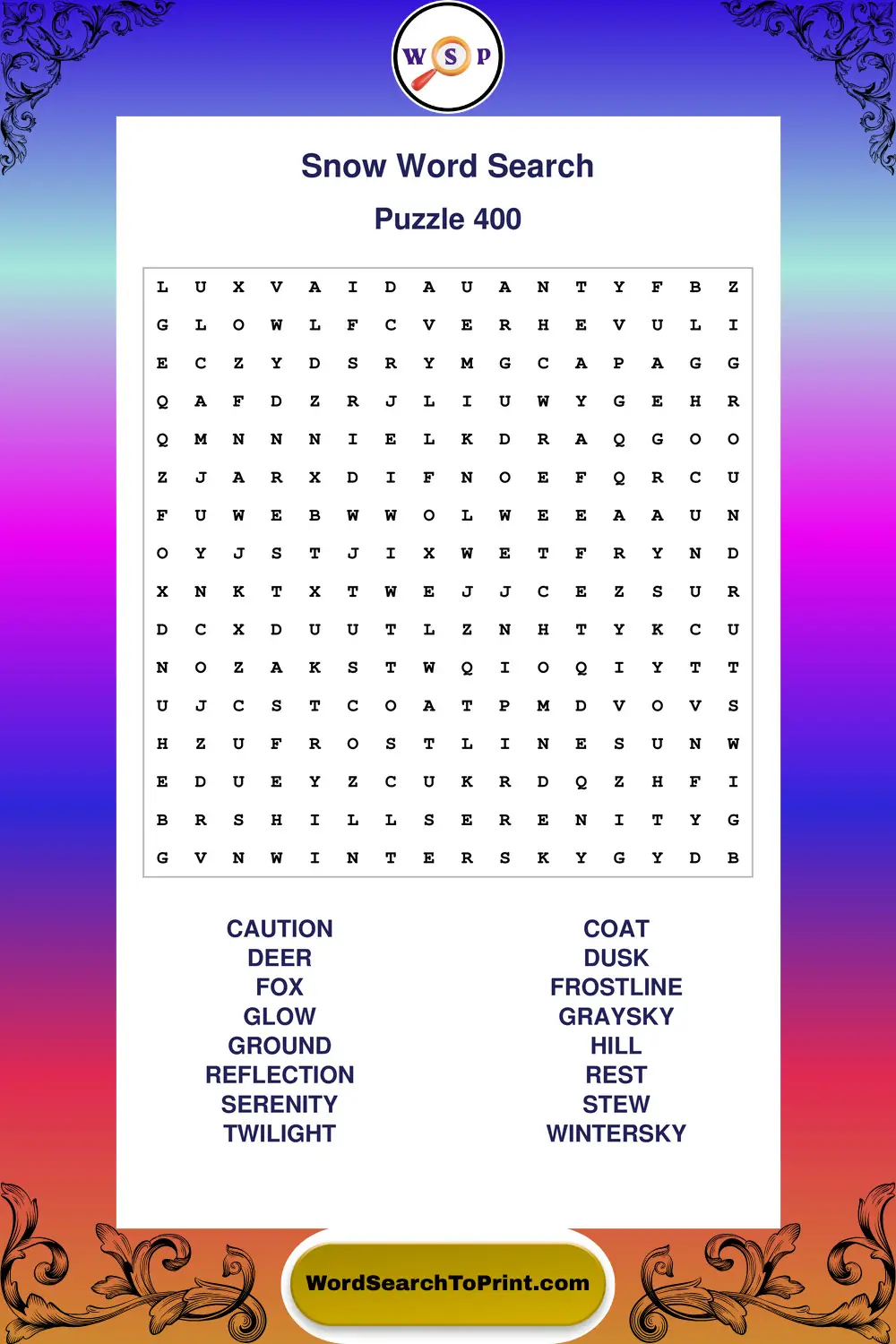 Snow Word Search Puzzle 400