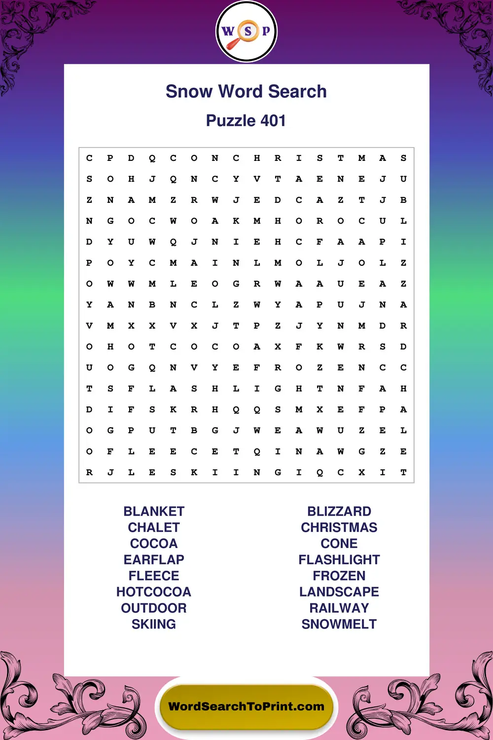 Snow Word Search Puzzle 401