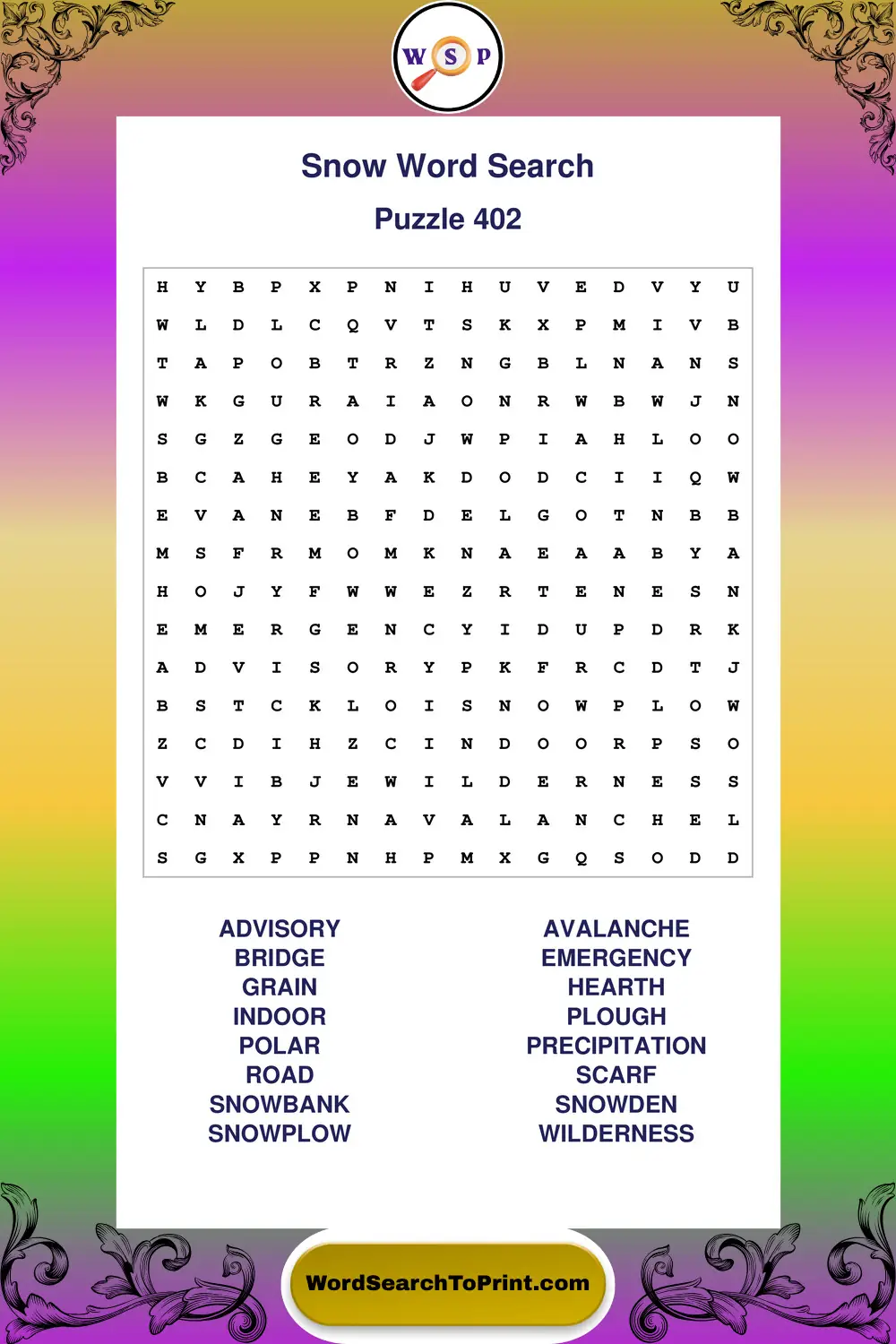Snow Word Search Puzzle 402