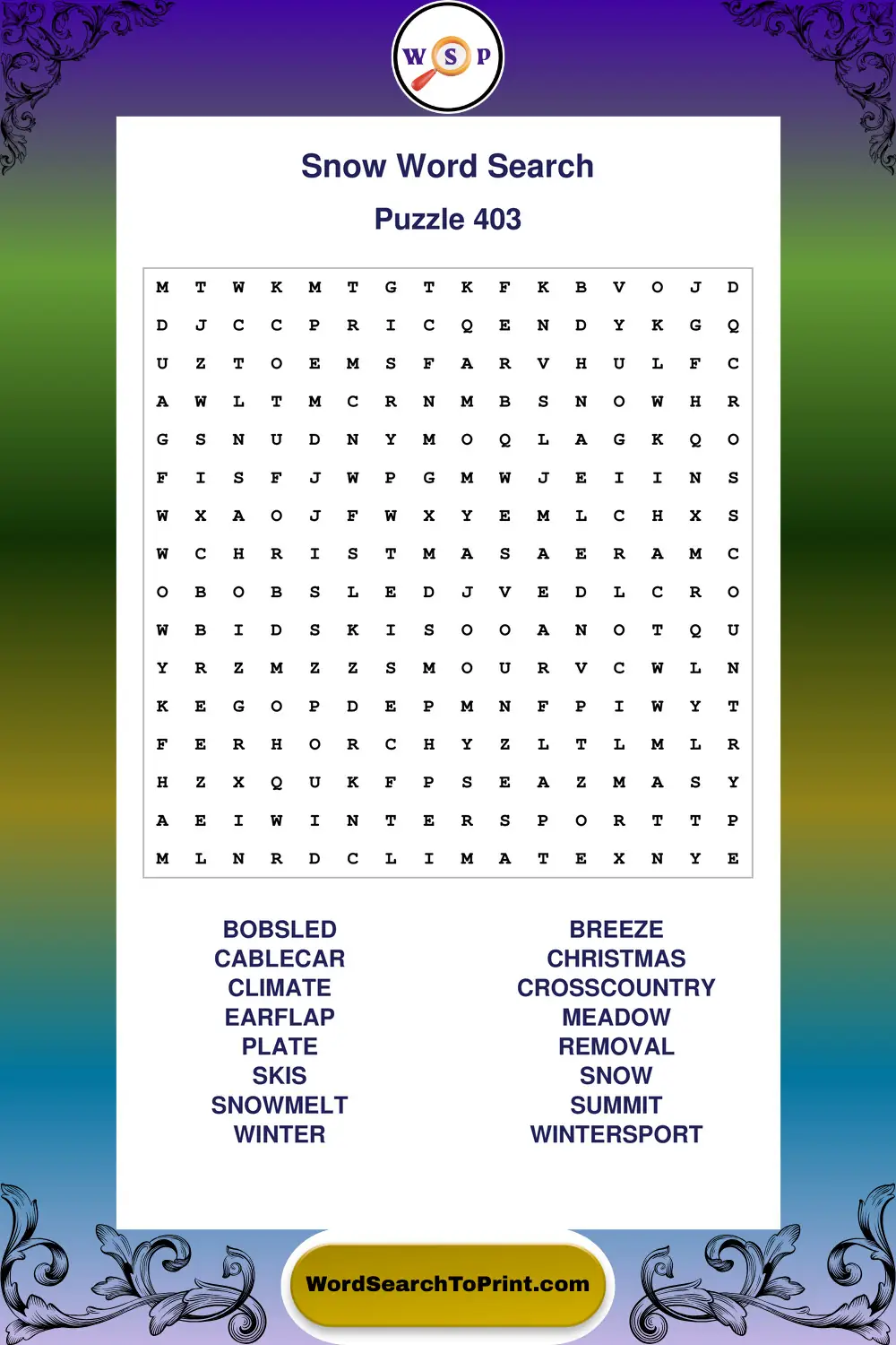 Snow Word Search Puzzle 403