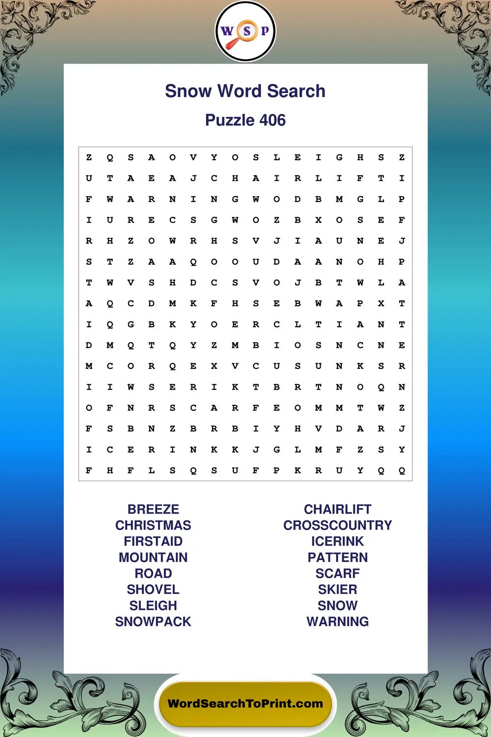 Snow Word Search Puzzle 406