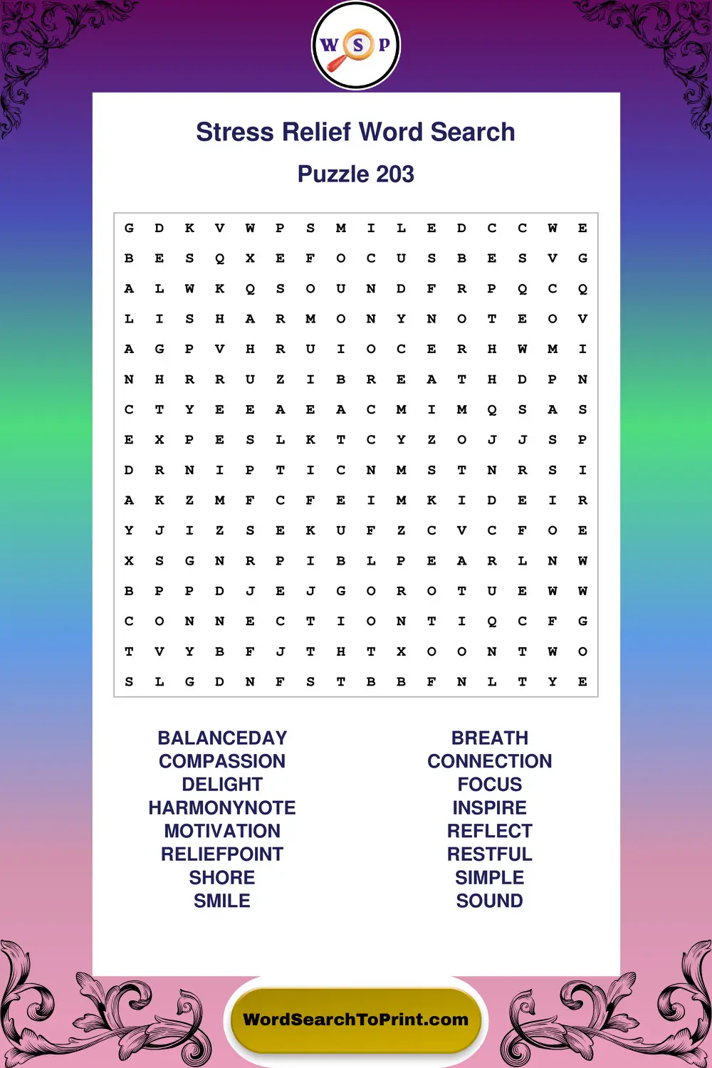 Stress Relief Word Search Puzzle 203