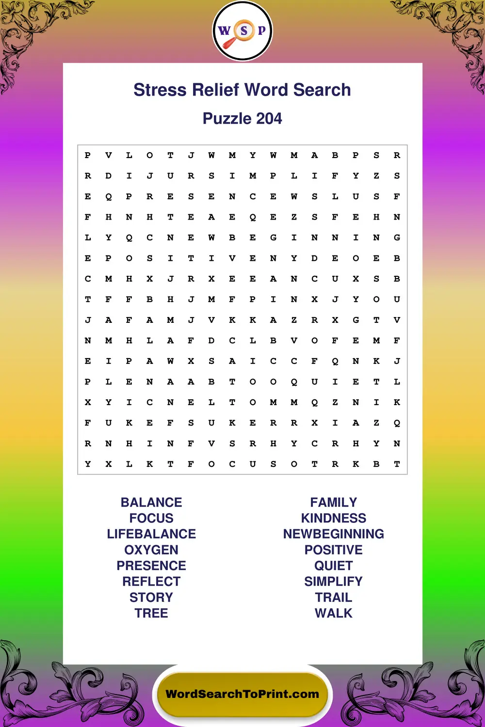 Stress Relief Word Search Puzzle 204