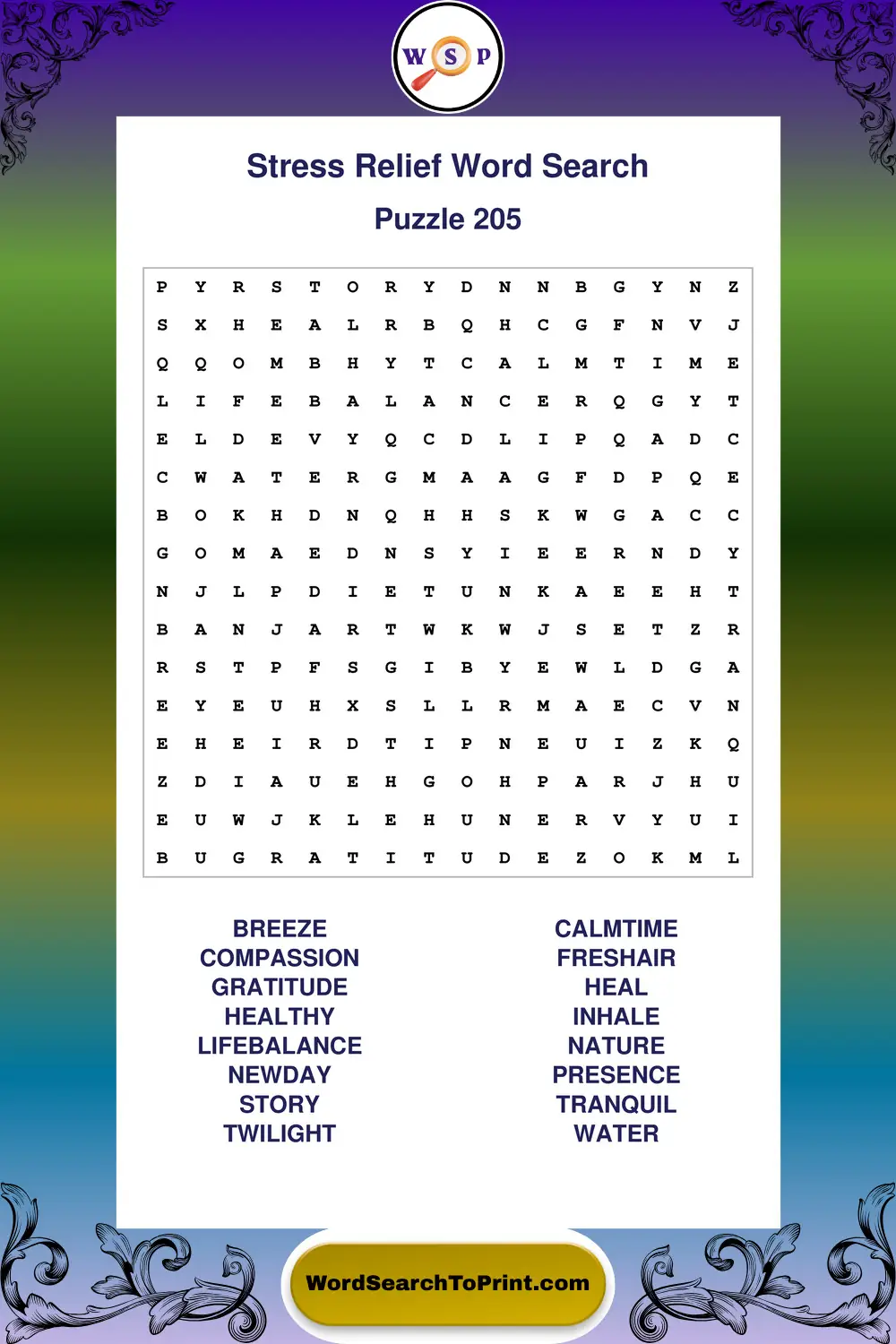 Stress Relief Word Search Puzzle 205