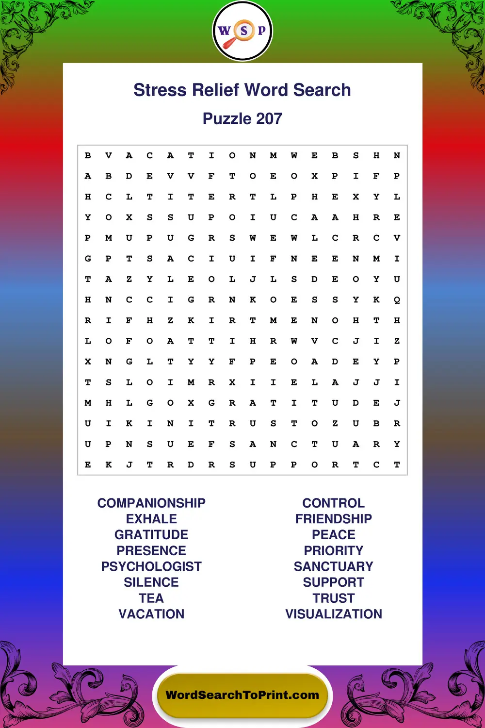 Stress Relief Word Search Puzzle 207