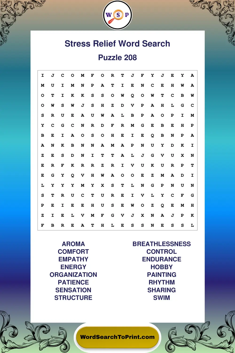 Stress Relief Word Search Puzzle 208