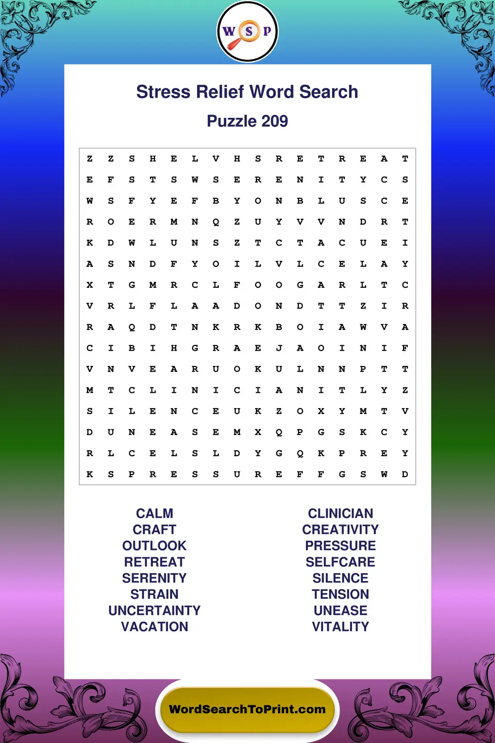 Stress Relief Word Search Puzzle 209