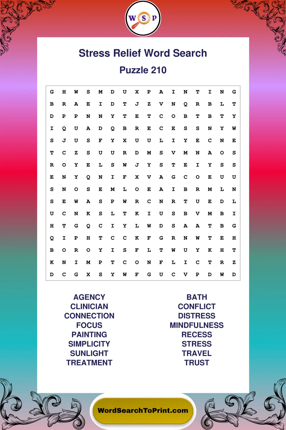 Stress Relief Word Search Puzzle 210