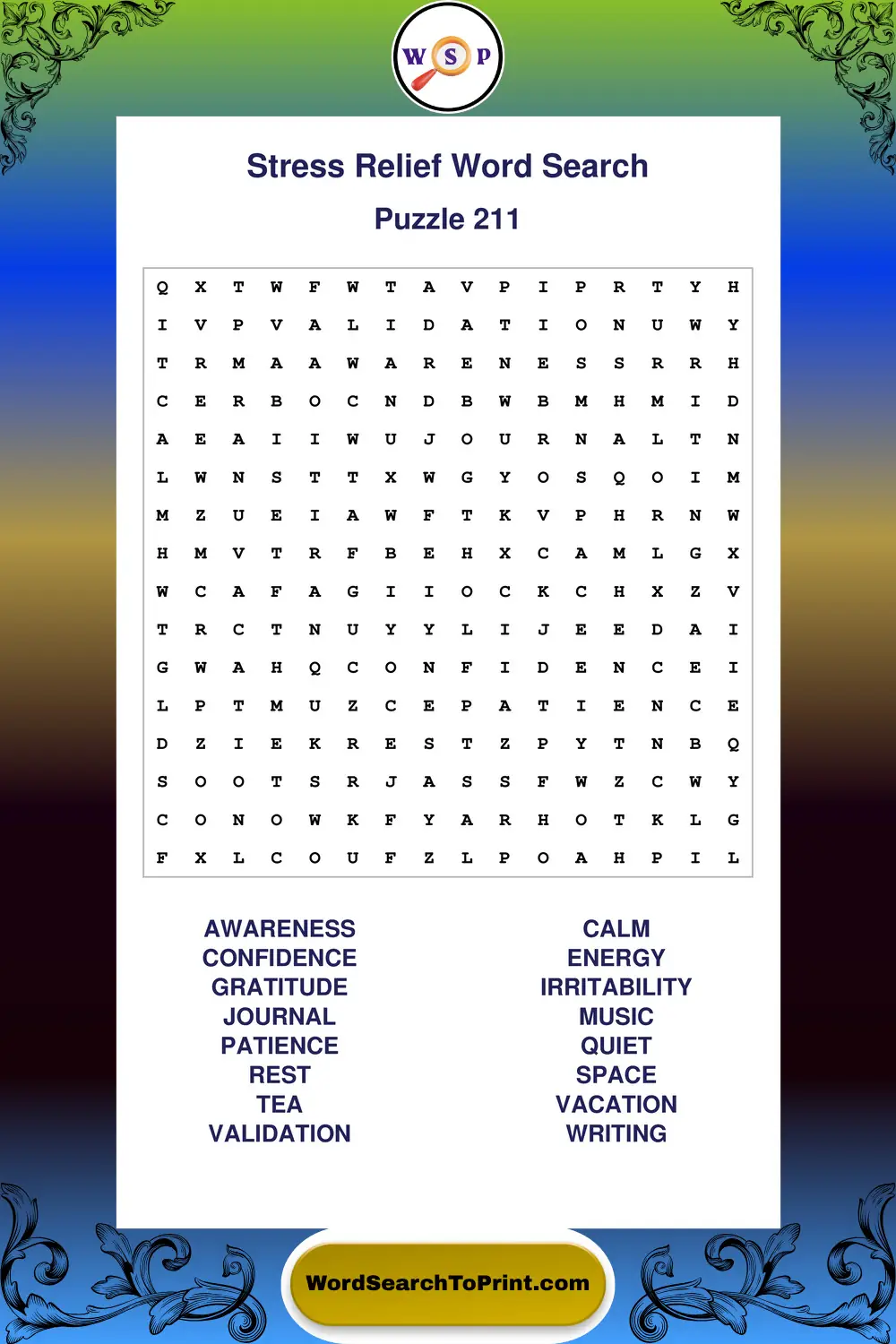 Stress Relief Word Search Puzzle 211