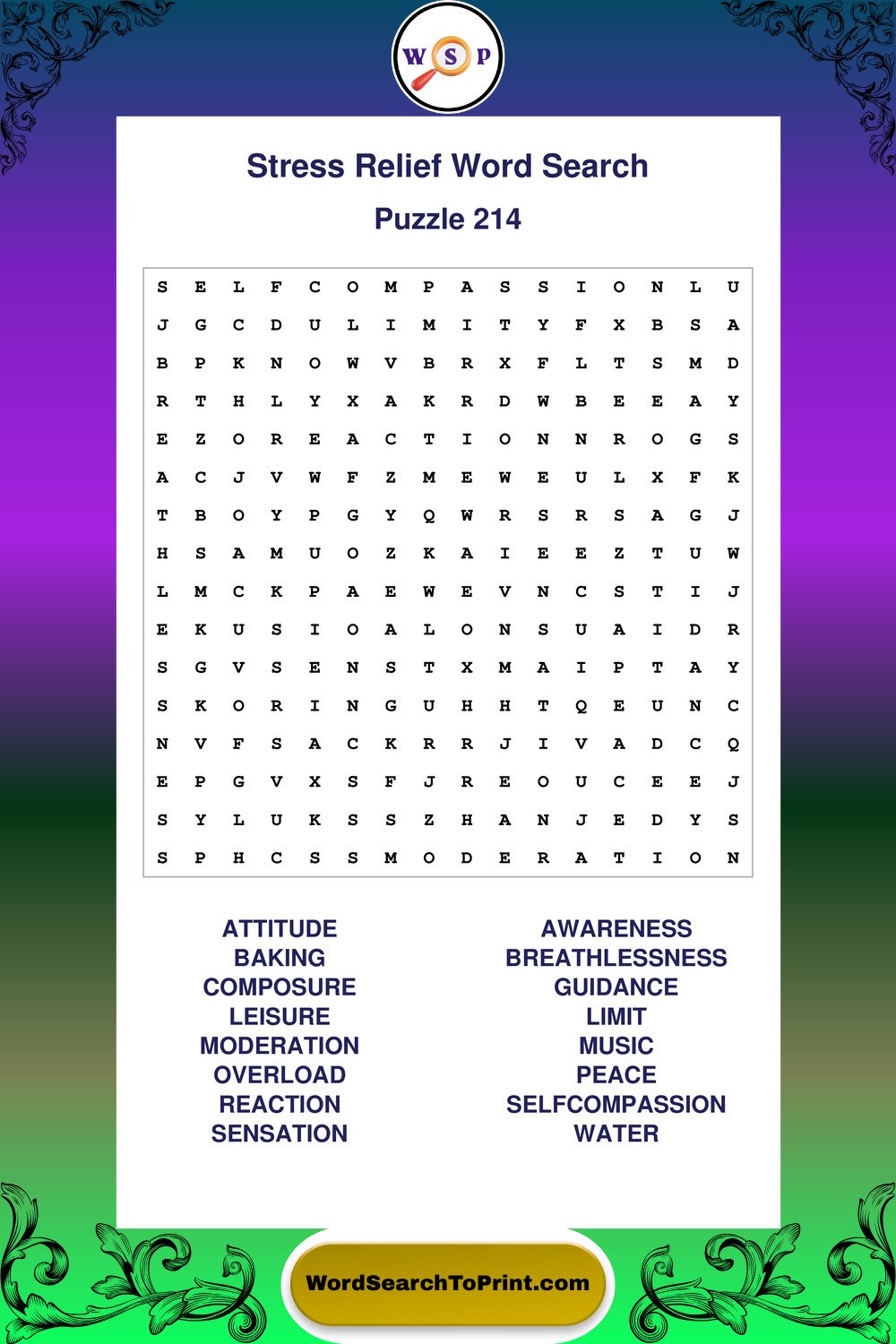 Stress Relief Word Search Puzzle 214