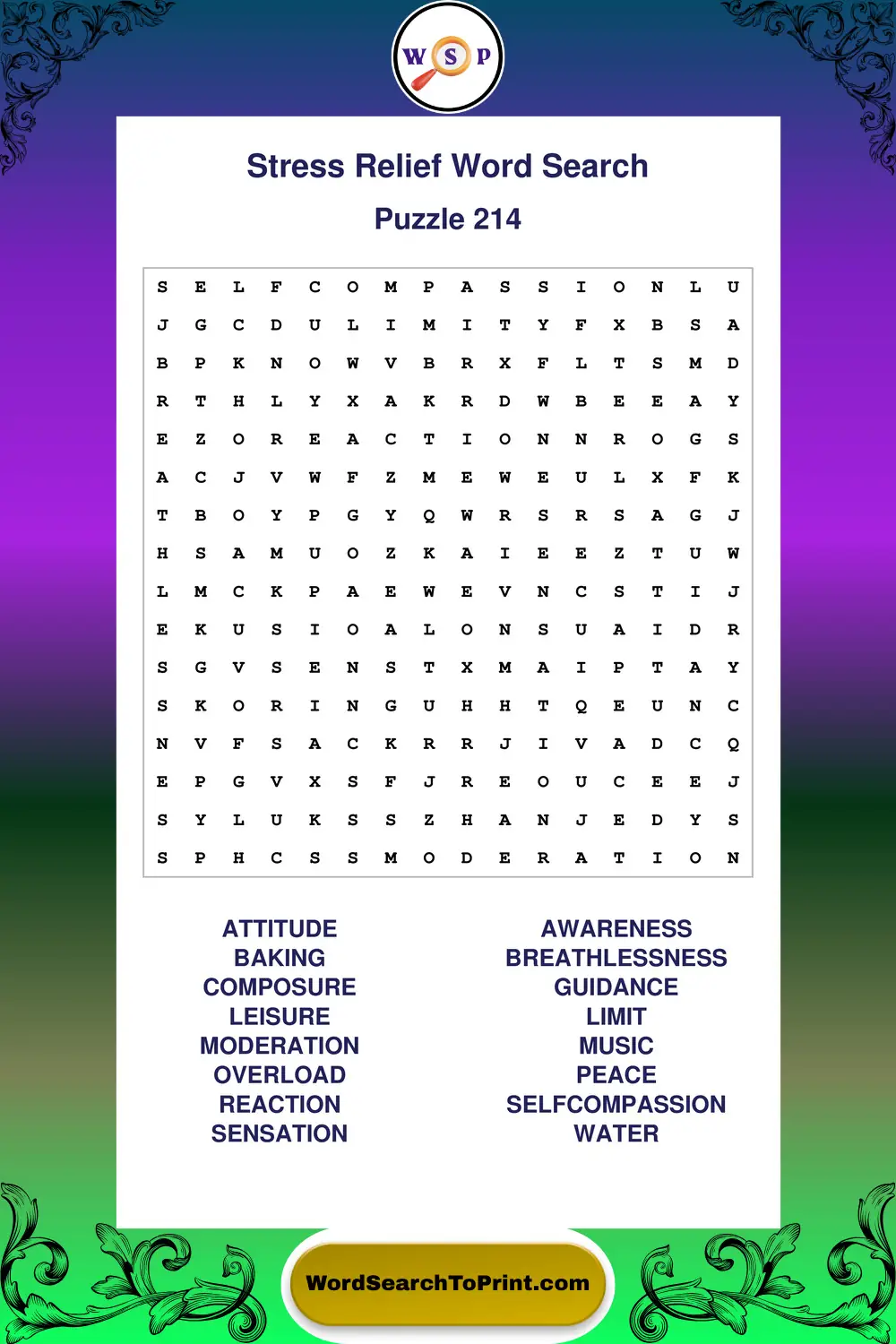 Stress Relief Word Search Puzzle 214