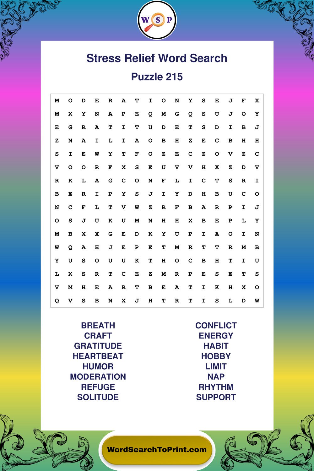 Stress Relief Word Search Puzzle 215