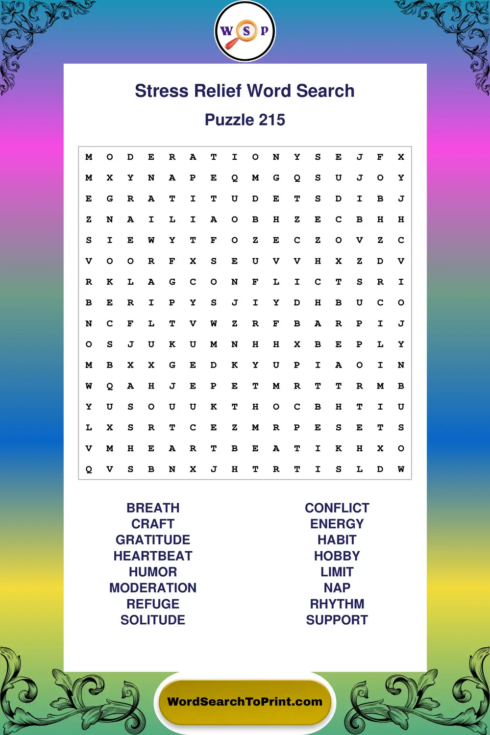 Stress Relief Word Search Puzzle 215