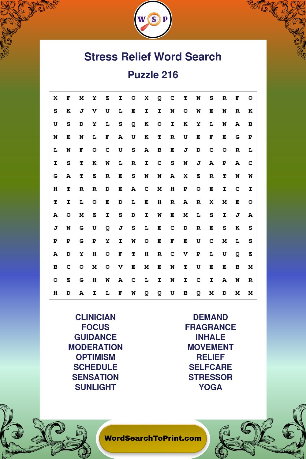 Stress Relief Word Search Puzzle 216