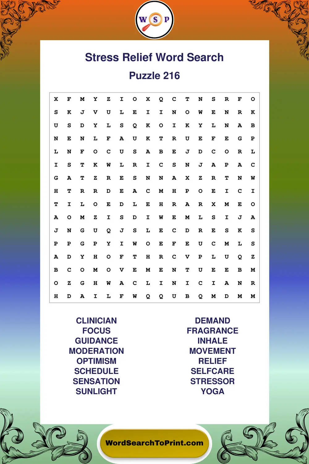 Stress Relief Word Search Puzzle 216