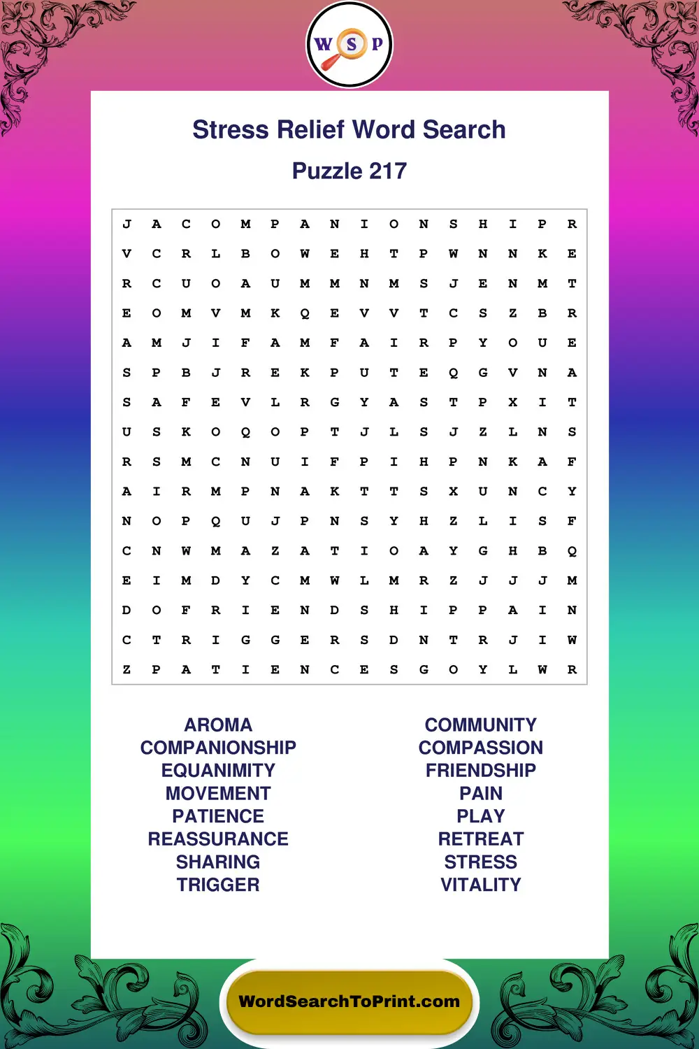Stress Relief Word Search Puzzle 217