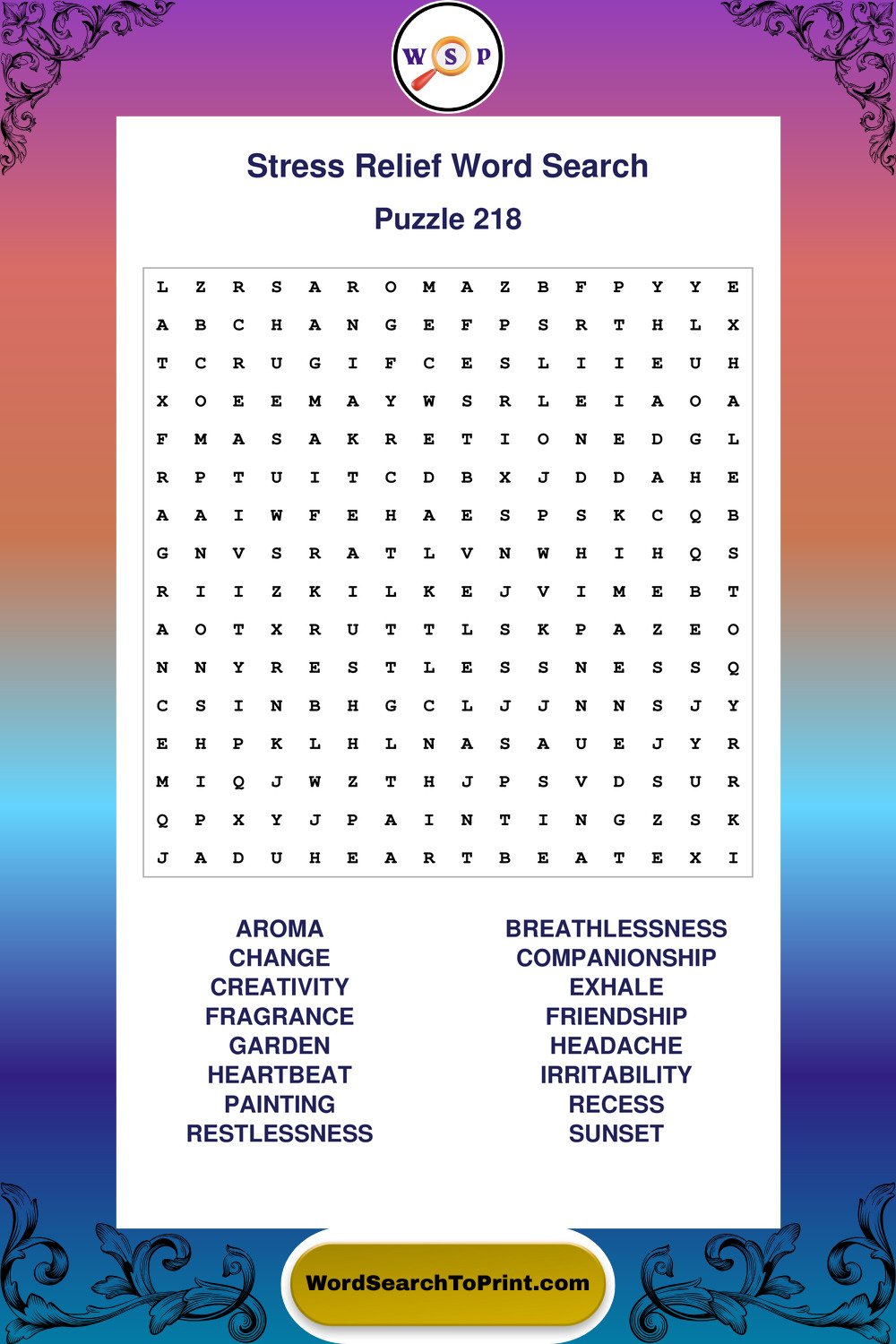 Stress Relief Word Search Puzzle 218