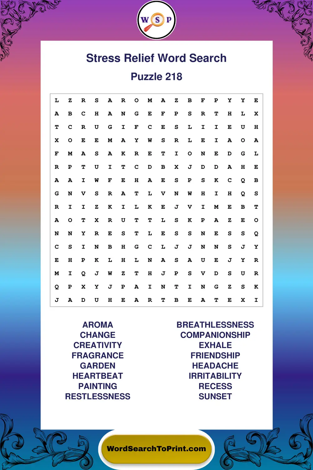 Stress Relief Word Search Puzzle 218