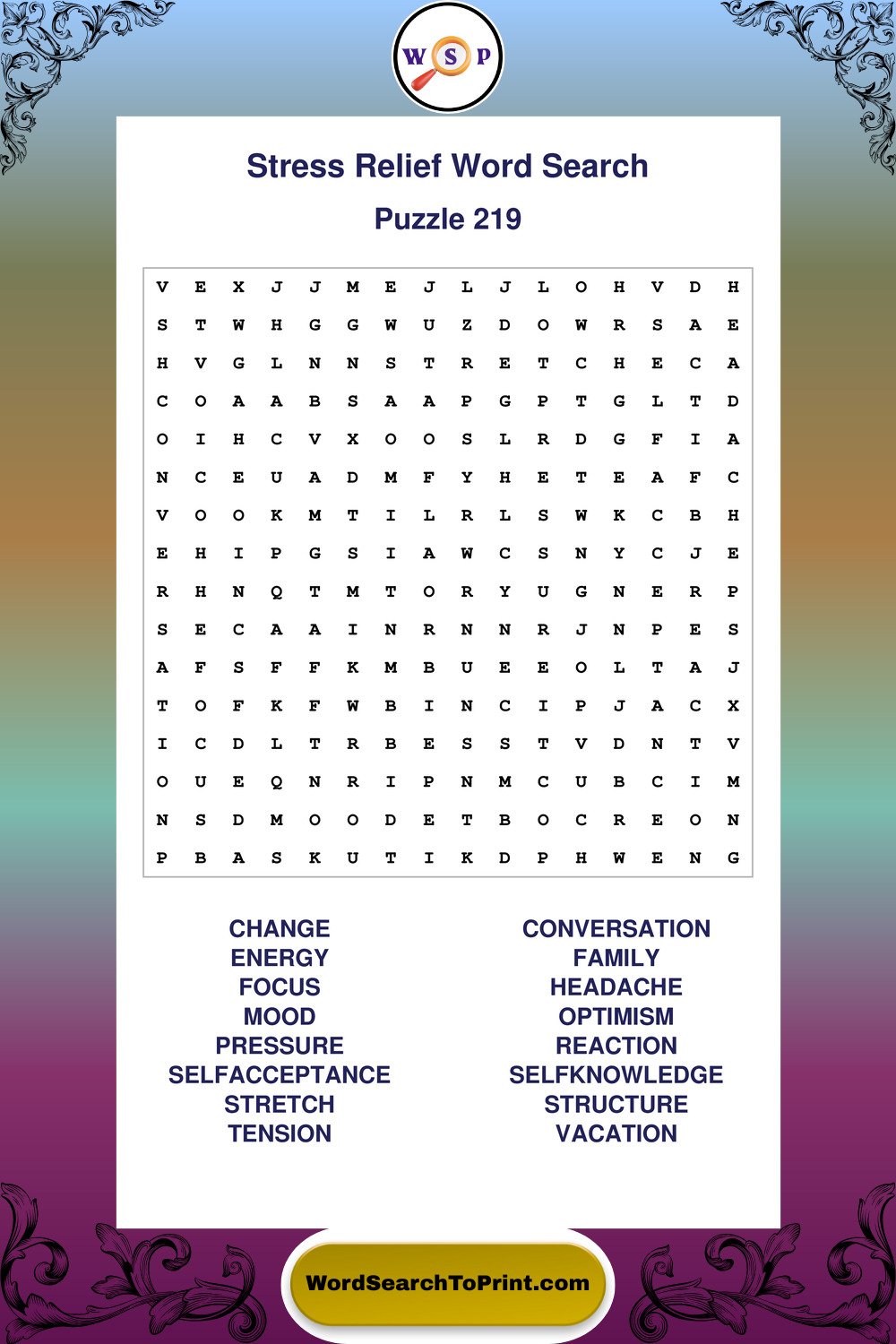 Stress Relief Word Search Puzzle 219