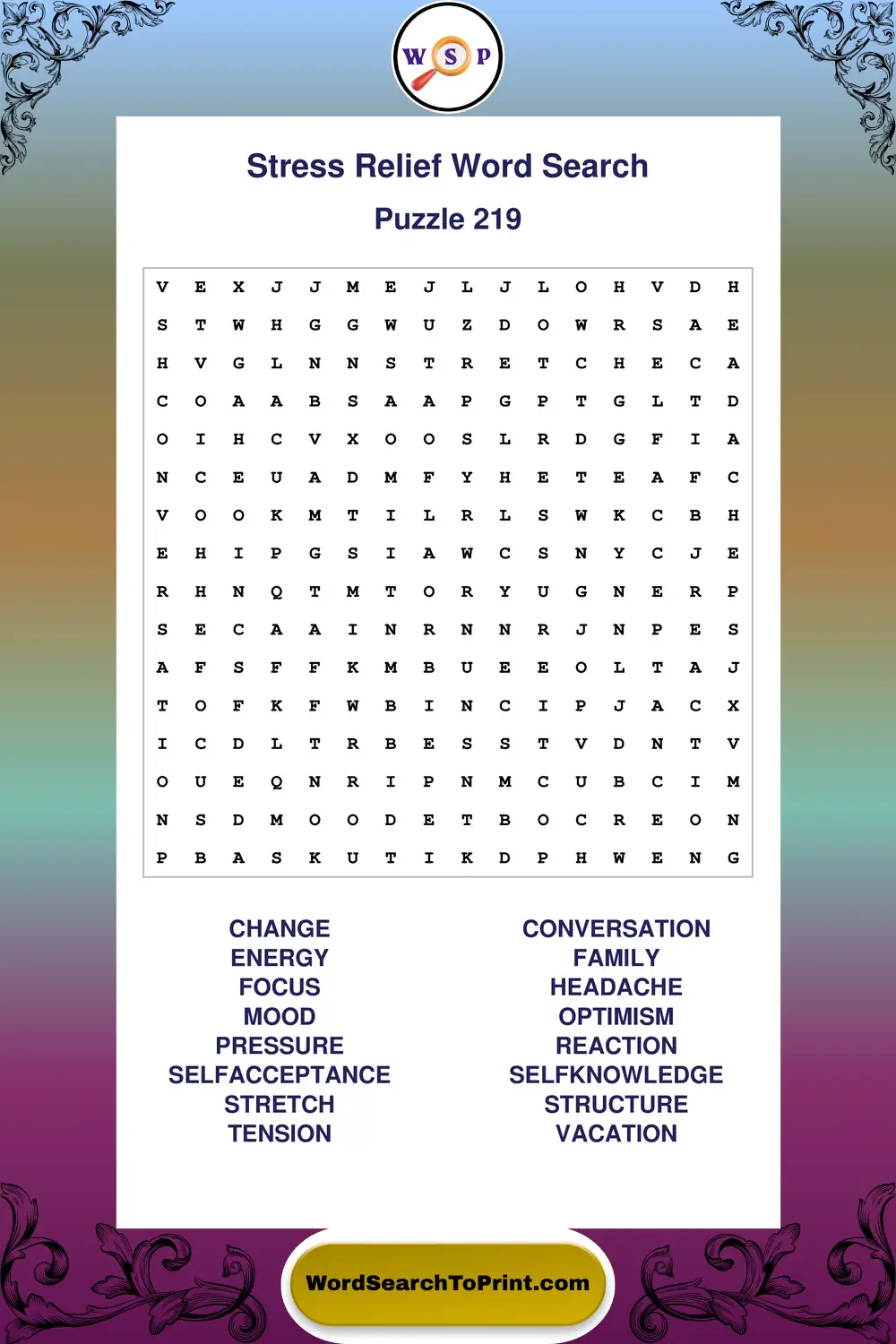 Stress Relief Word Search Puzzle 219