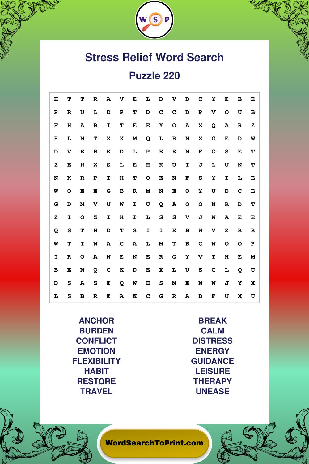 Stress Relief Word Search Puzzle 220