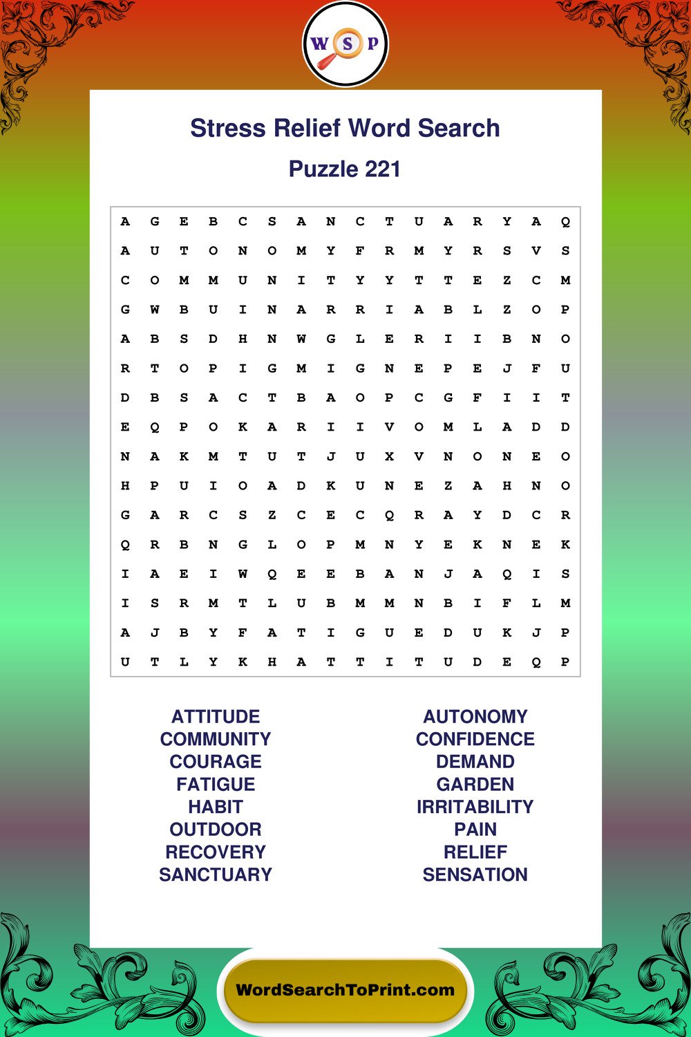 Stress Relief Word Search Puzzle 221