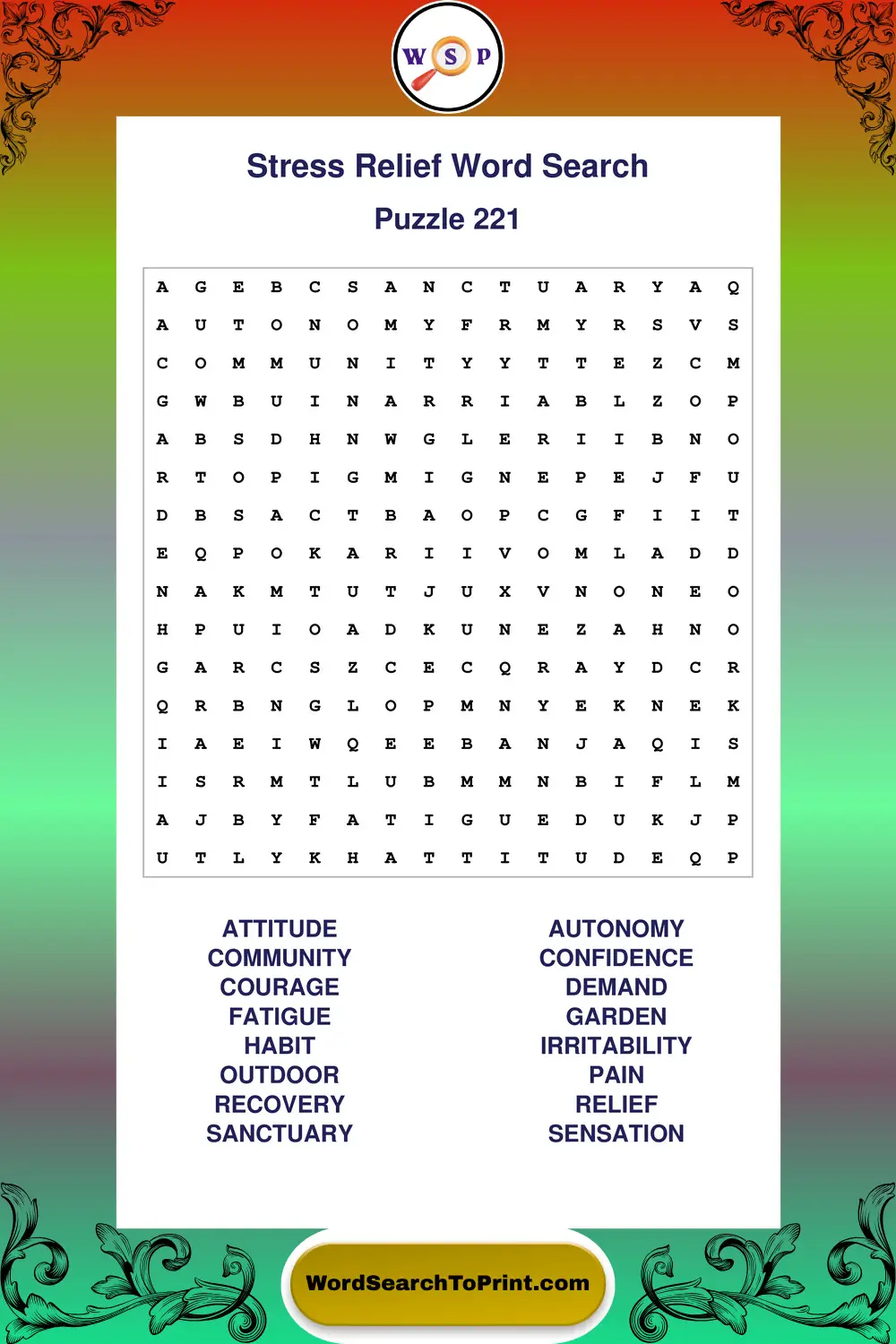 Stress Relief Word Search Puzzle 221