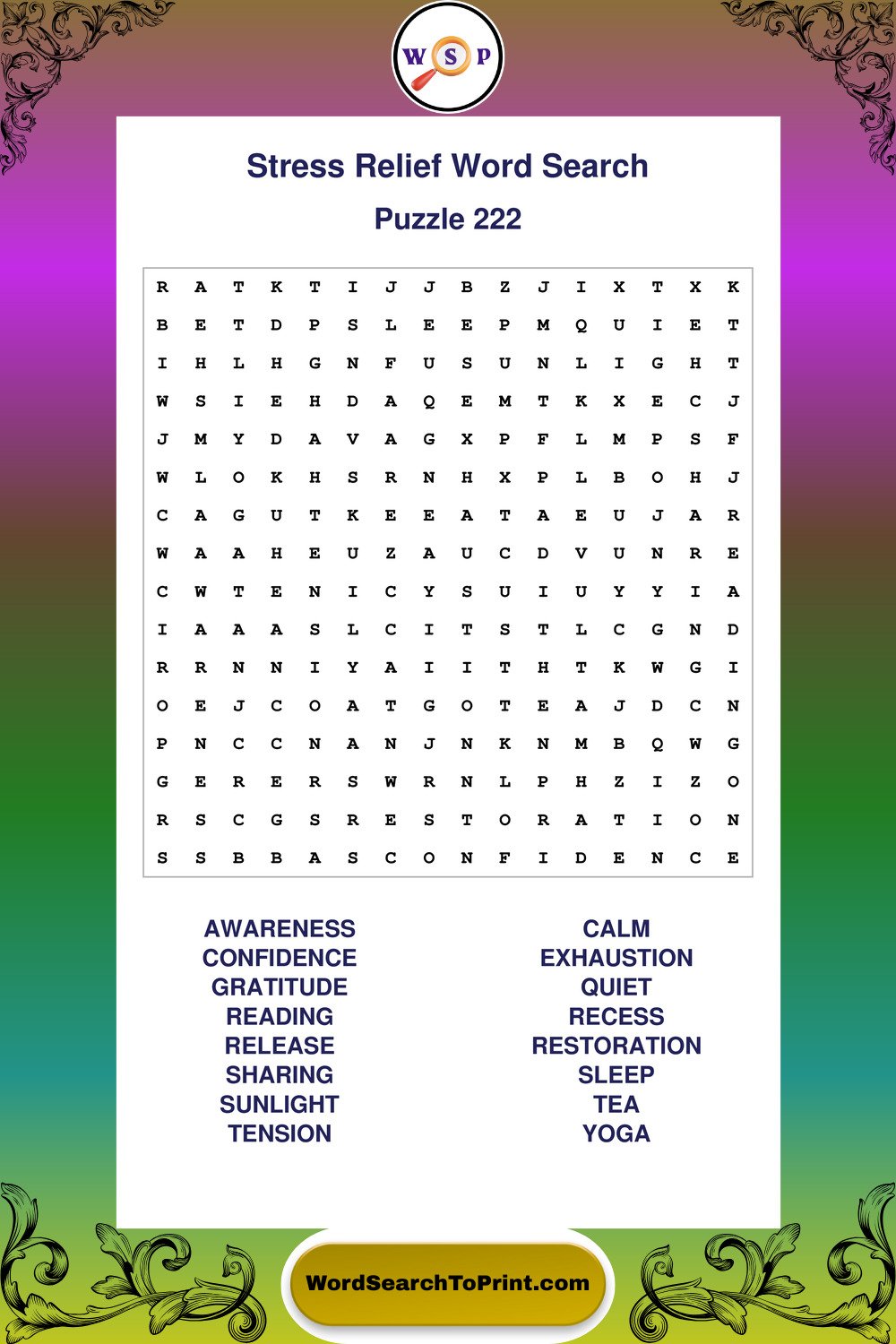 Stress Relief Word Search Puzzle 222