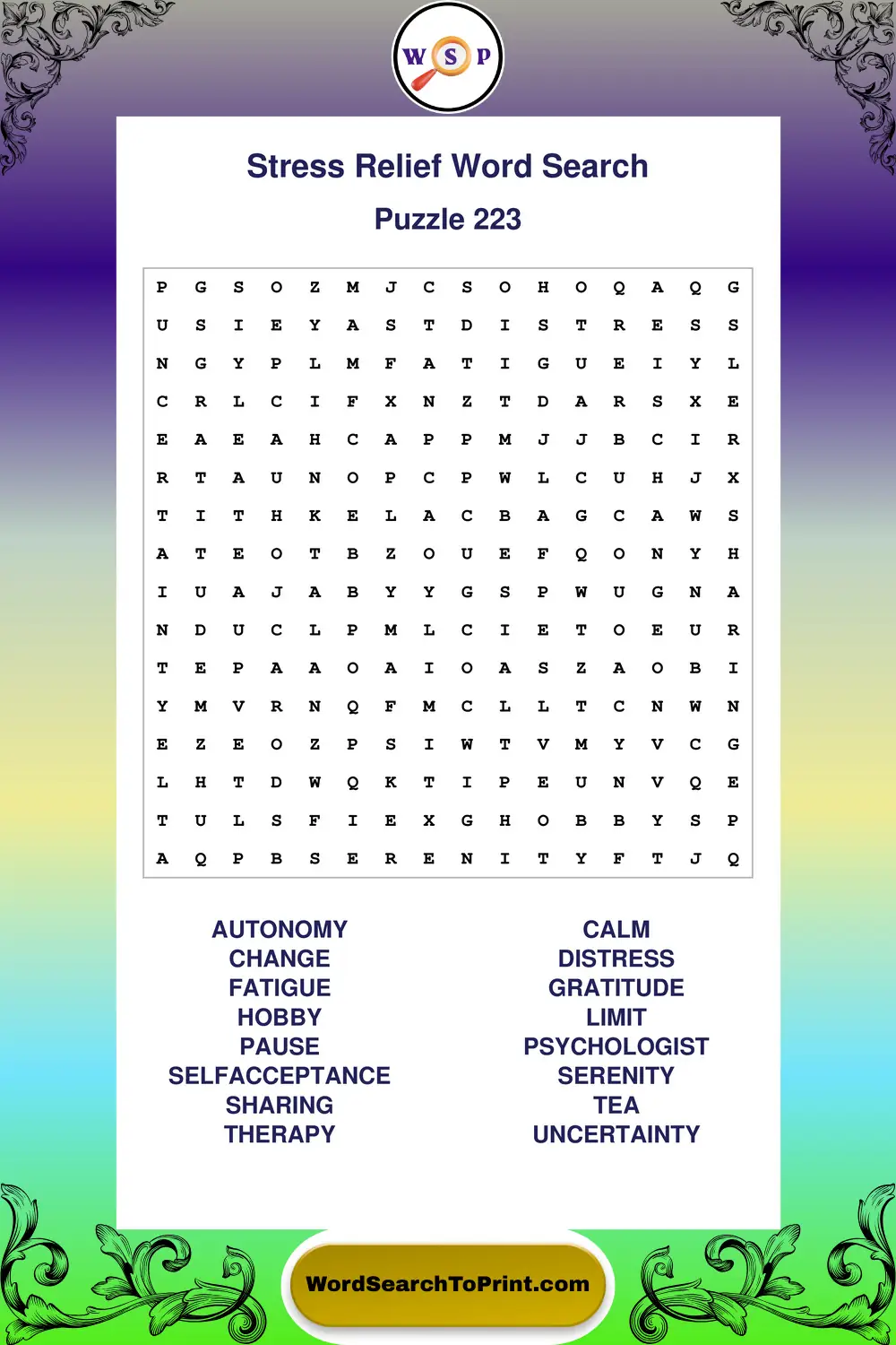 Stress Relief Word Search Puzzle 223