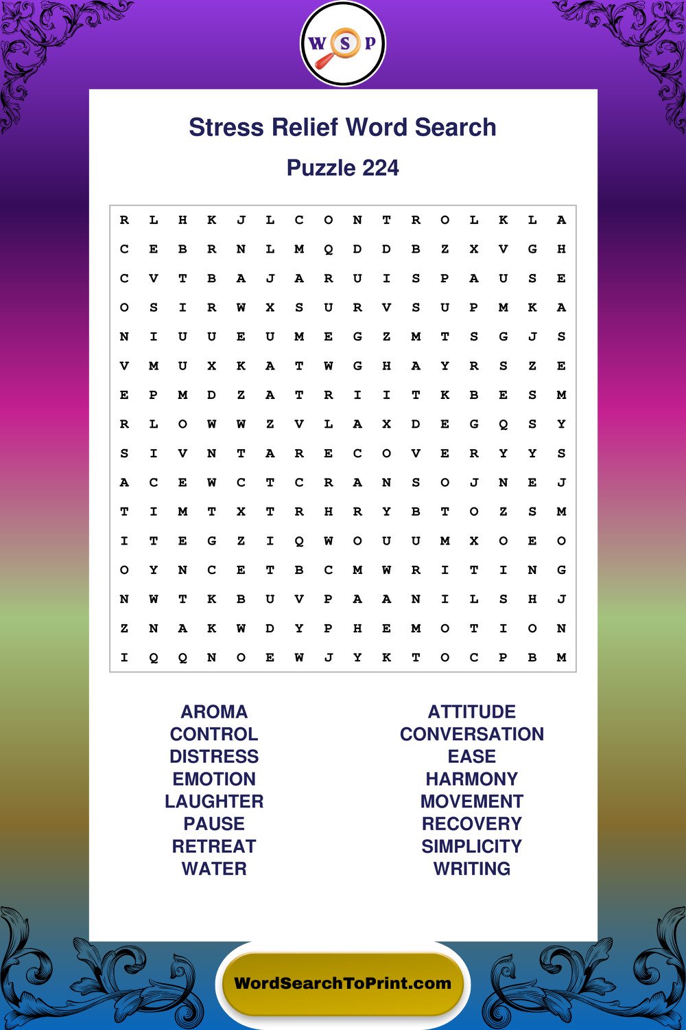 Stress Relief Word Search Puzzle 224
