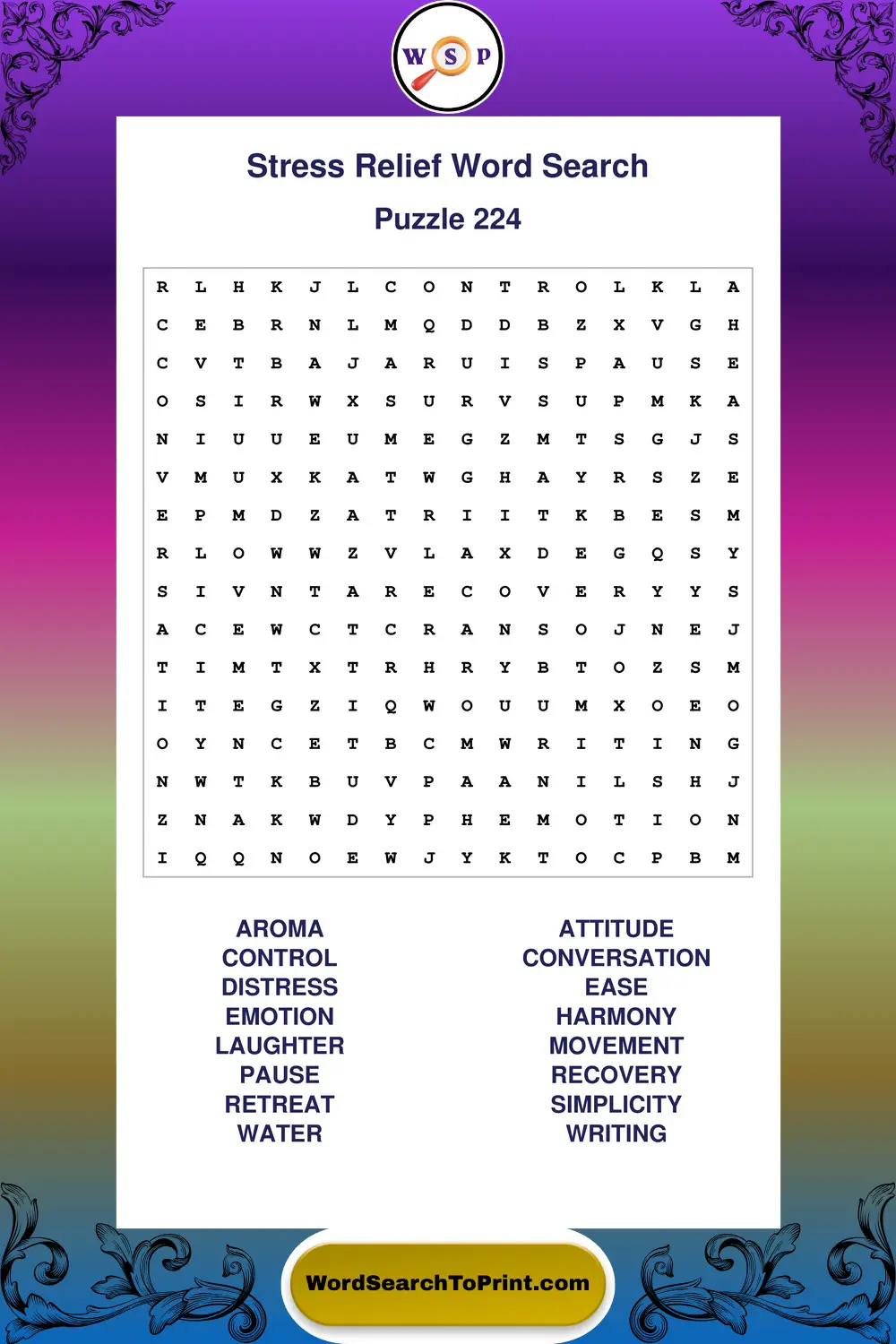 Stress Relief Word Search Puzzle 224