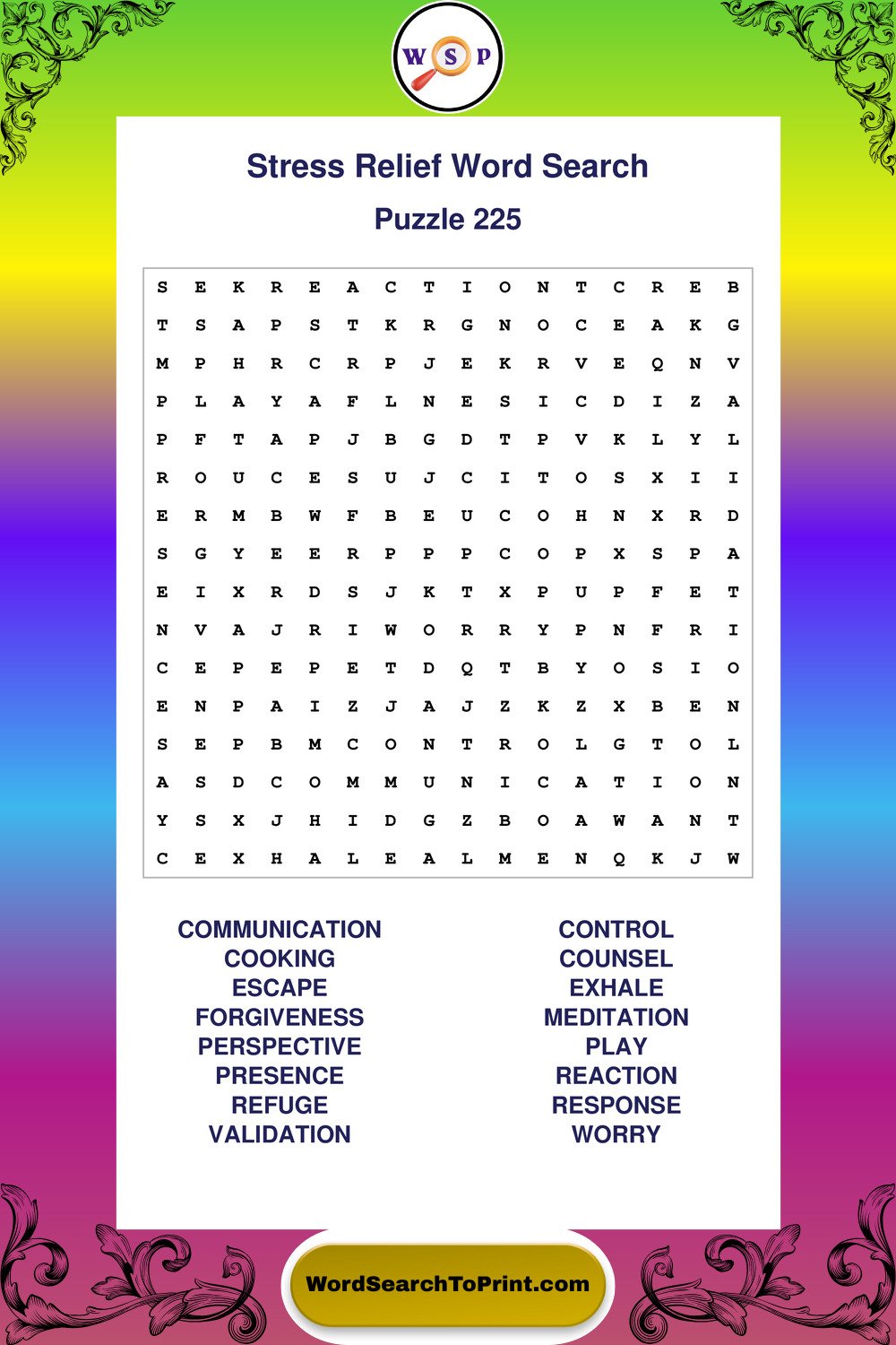 Stress Relief Word Search Puzzle 225