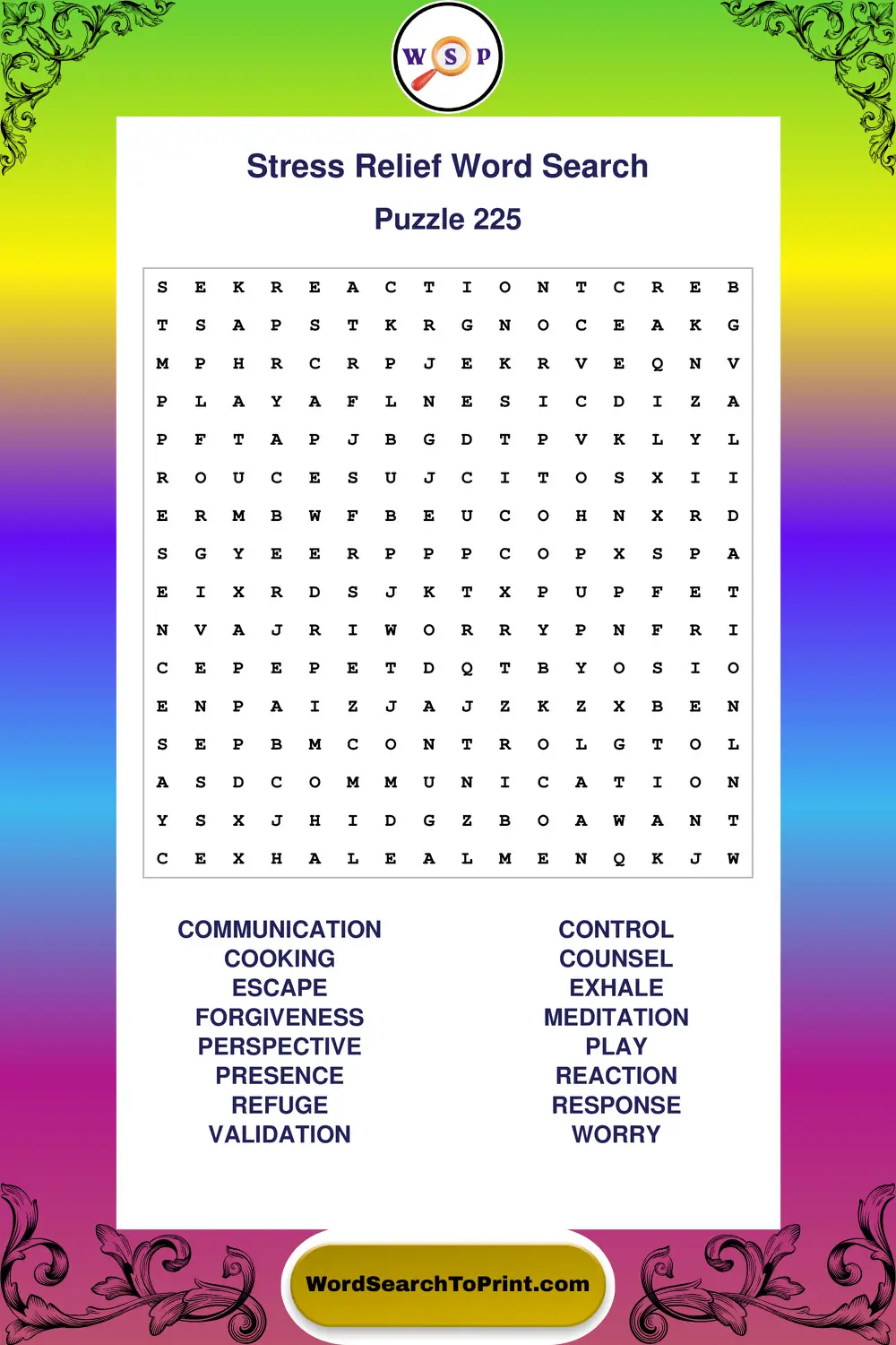 Stress Relief Word Search Puzzle 225