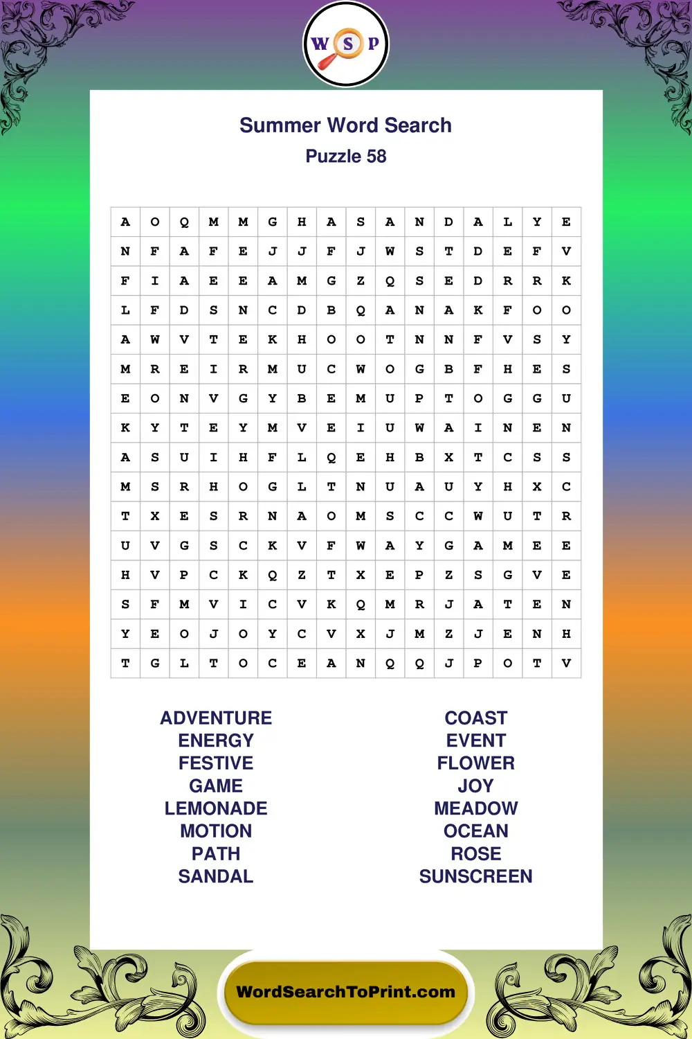 Summer Word Search Puzzle 58