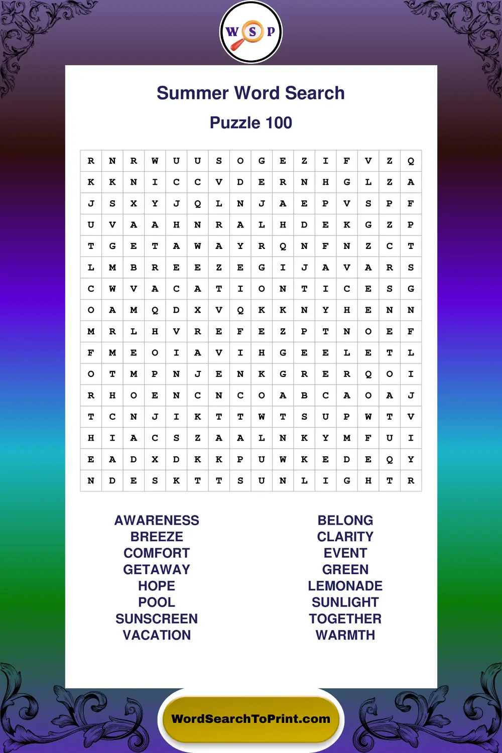 Summer Word Search Puzzle 100