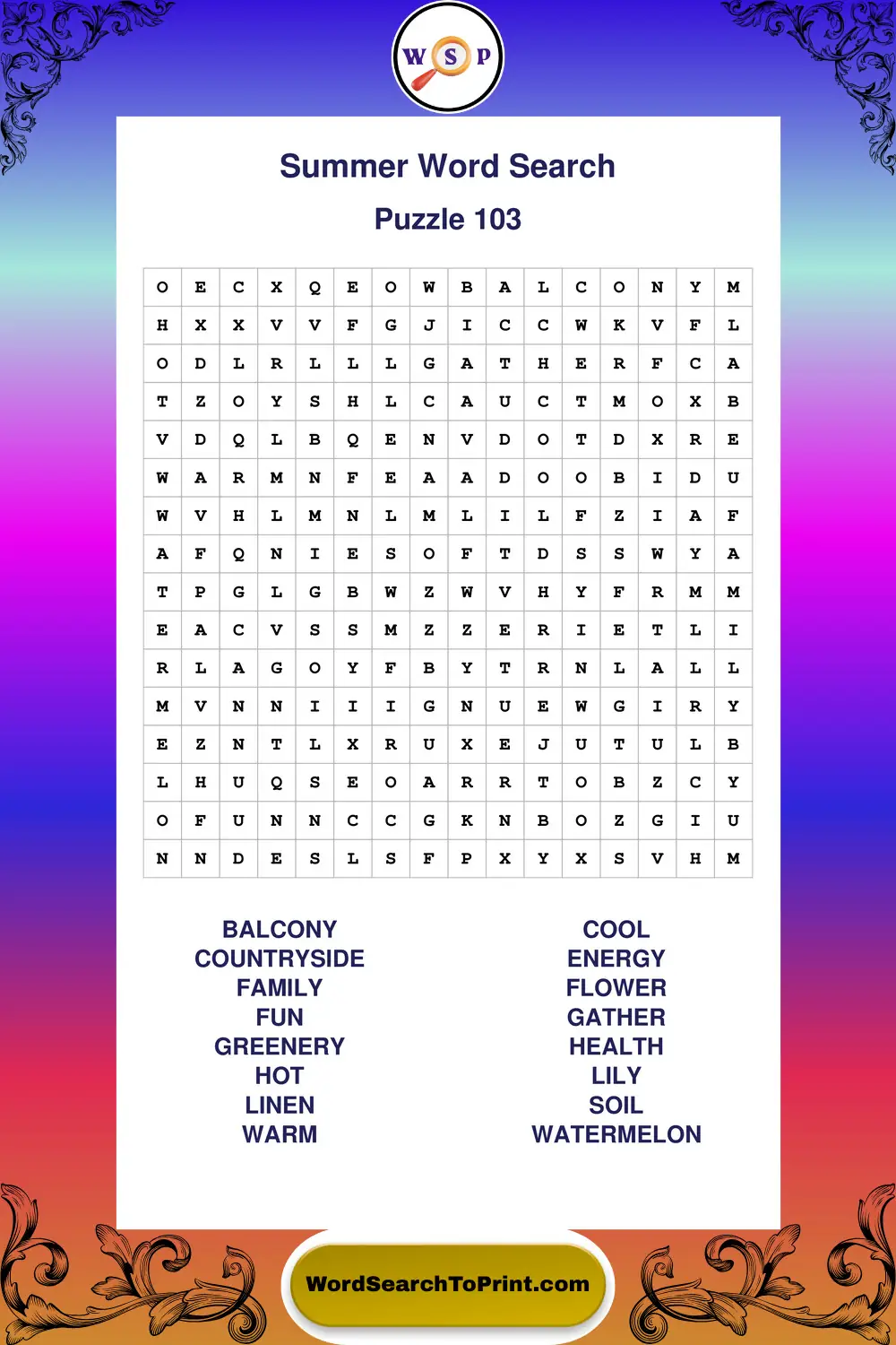 Summer Word Search Puzzle 103