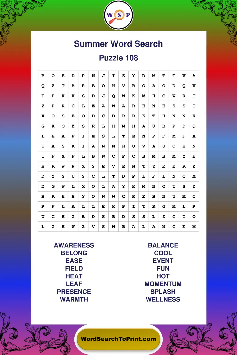 Summer Word Search Puzzle 108