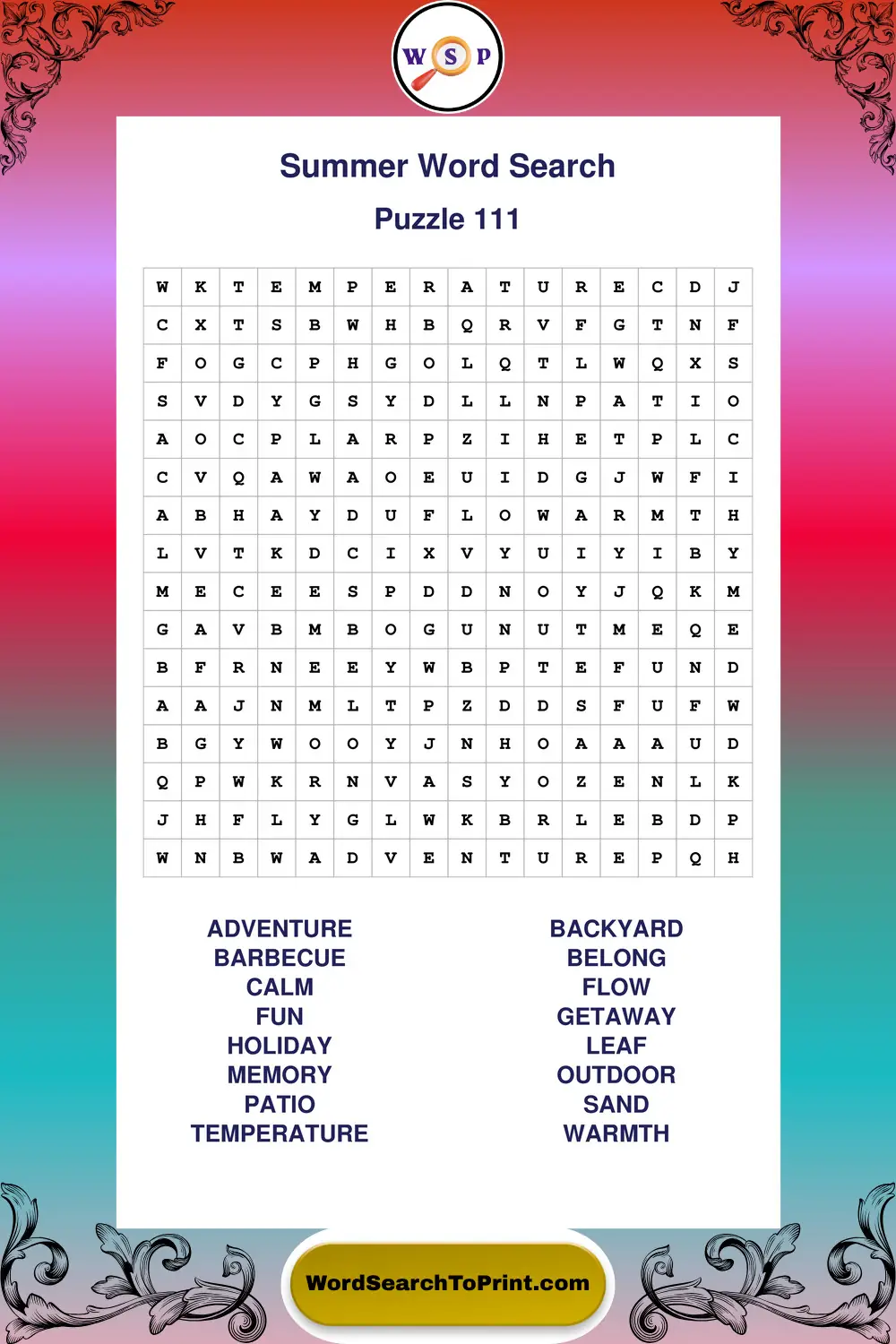 Summer Word Search Puzzle 111