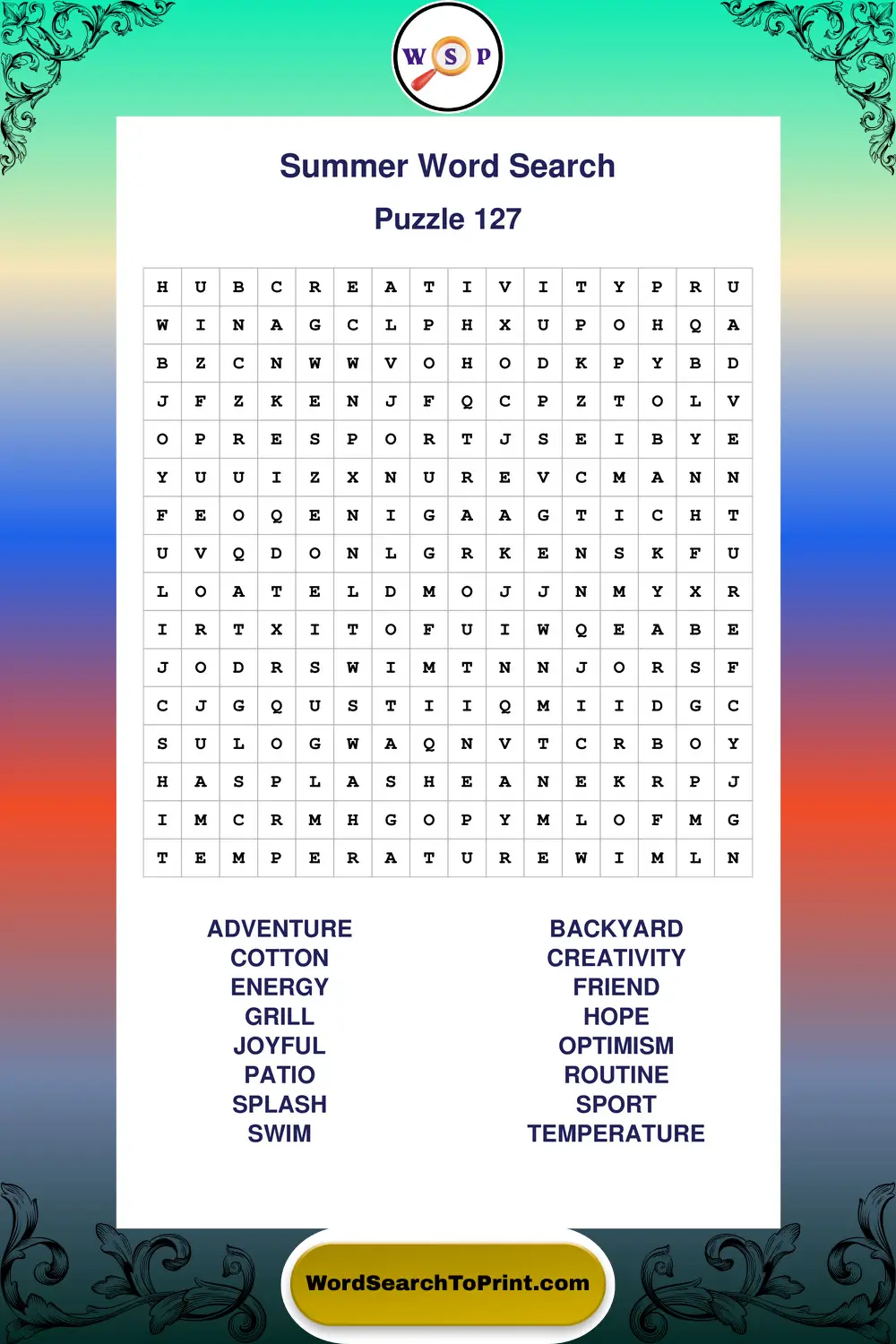 Summer Word Search Puzzle 127