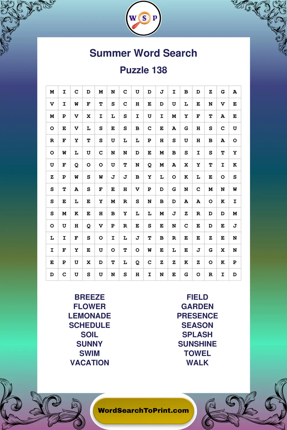 Summer Word Search Puzzle 138