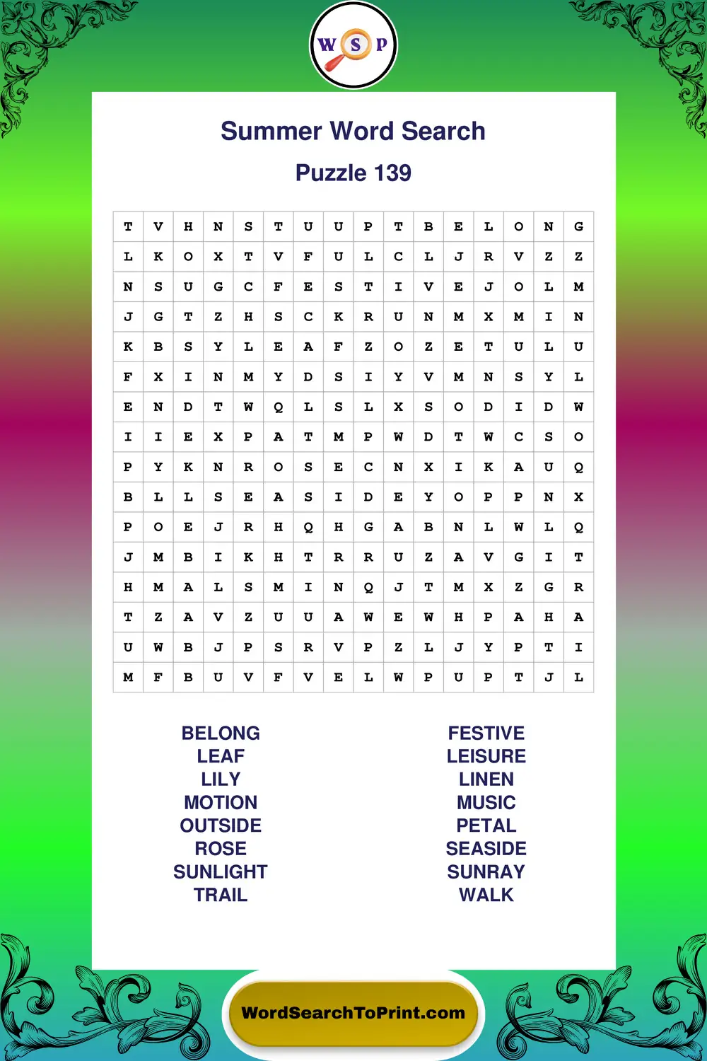 Summer Word Search Puzzle 139