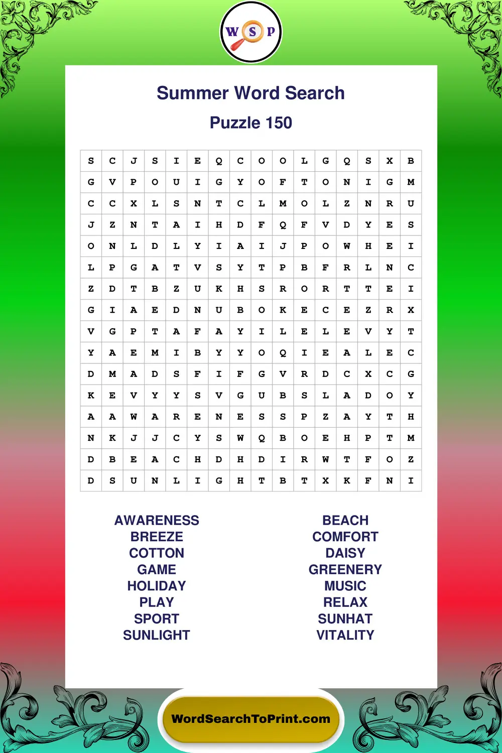 Summer Word Search Puzzle 150