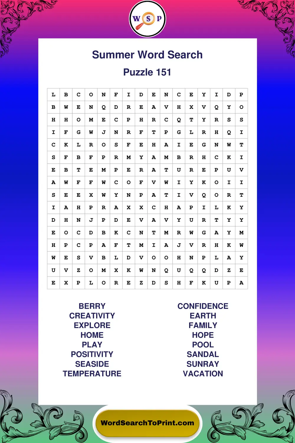 Summer Word Search Puzzle 151