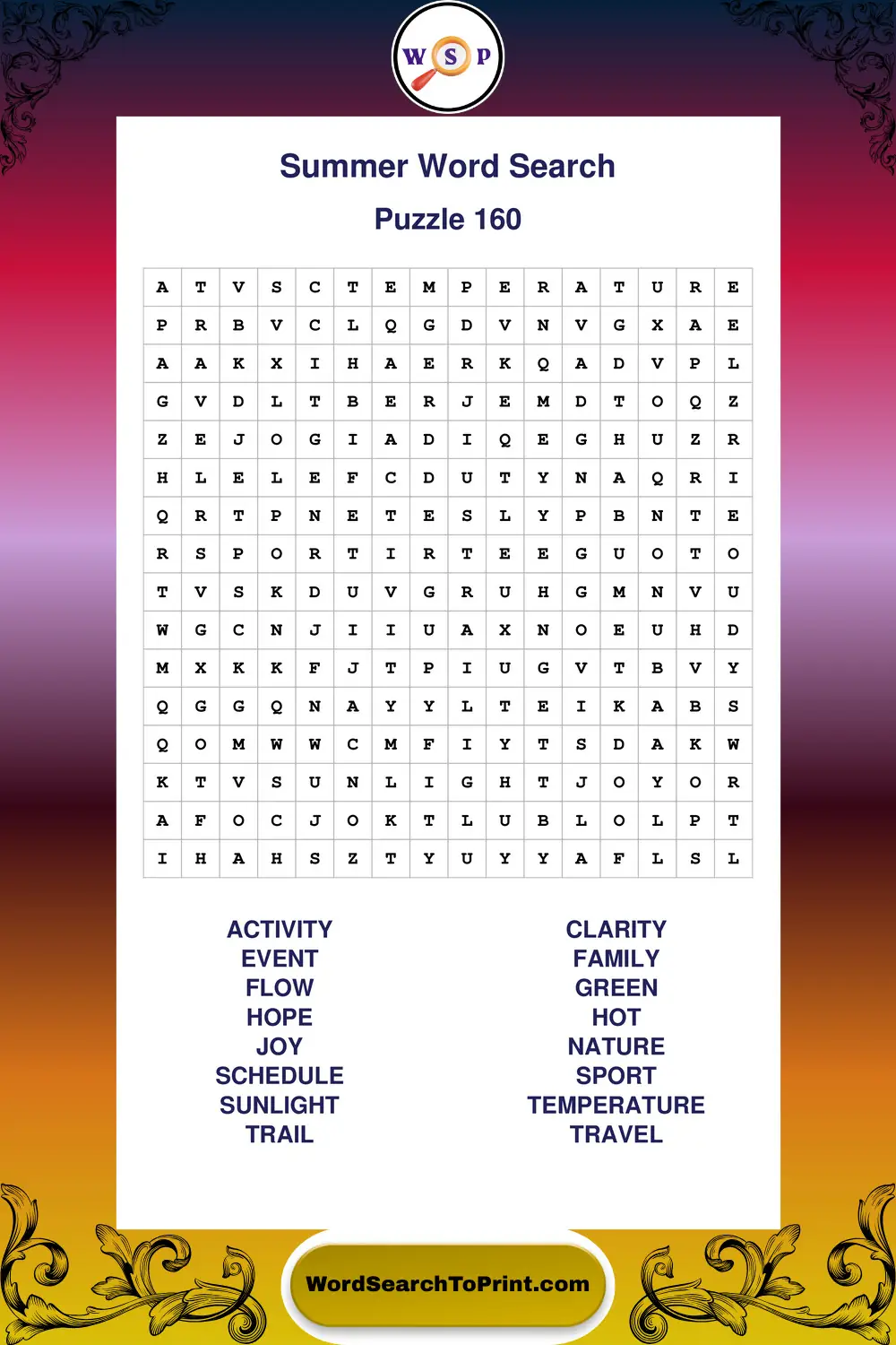 Summer Word Search Puzzle 160
